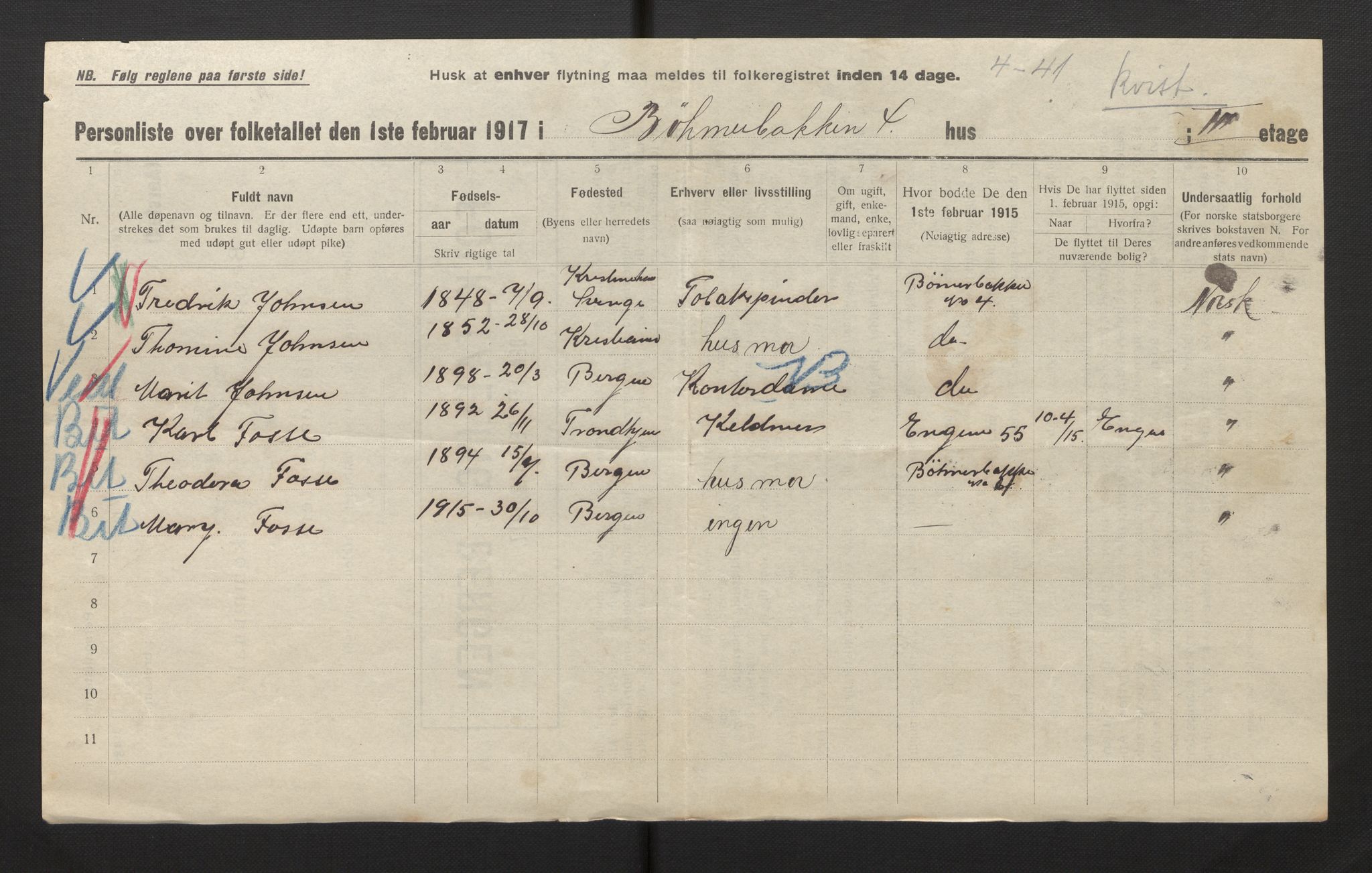 SAB, Municipal Census 1917 for Bergen, 1917, p. 47264