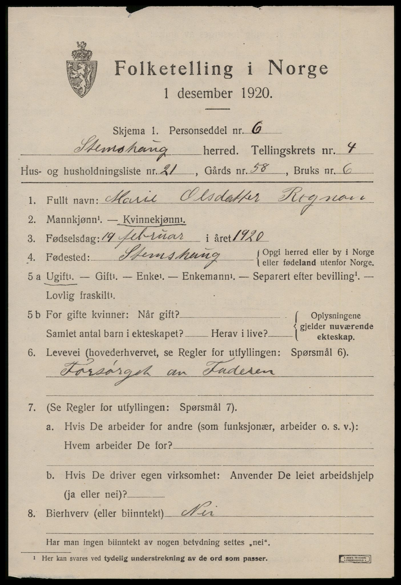 SAT, 1920 census for Stemshaug, 1920, p. 1890