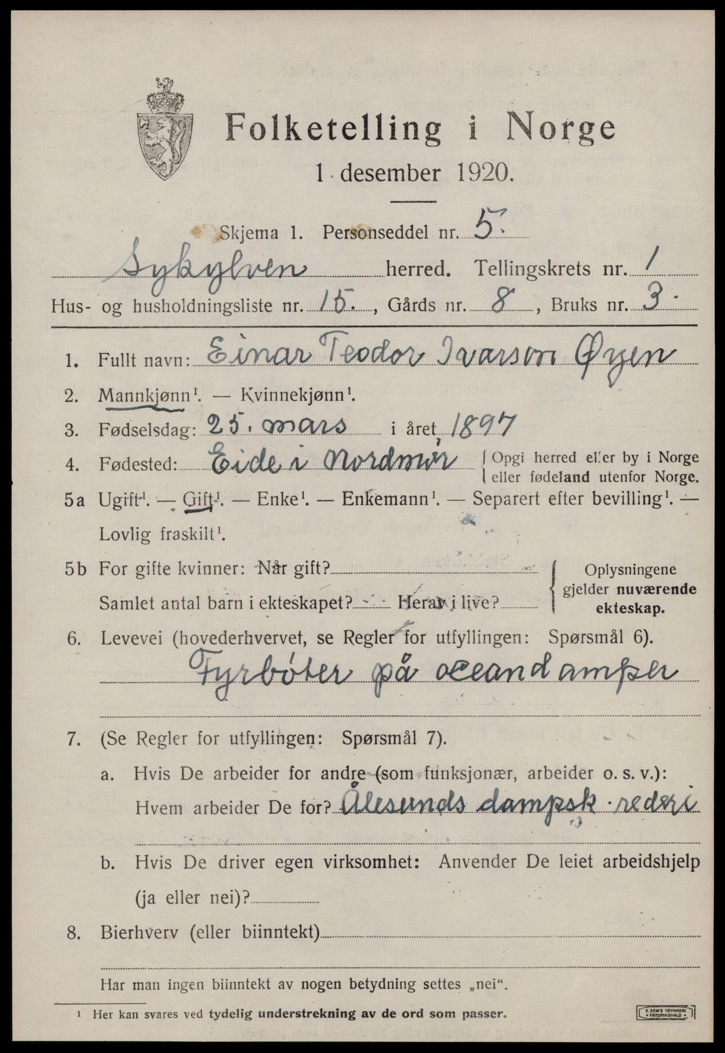 SAT, 1920 census for Sykkylven, 1920, p. 1099