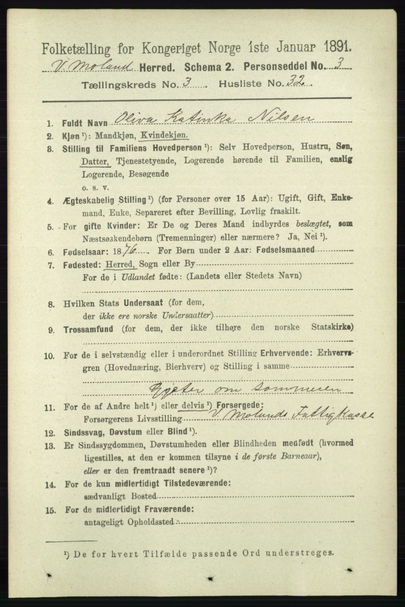 RA, 1891 census for 0926 Vestre Moland, 1891, p. 1131