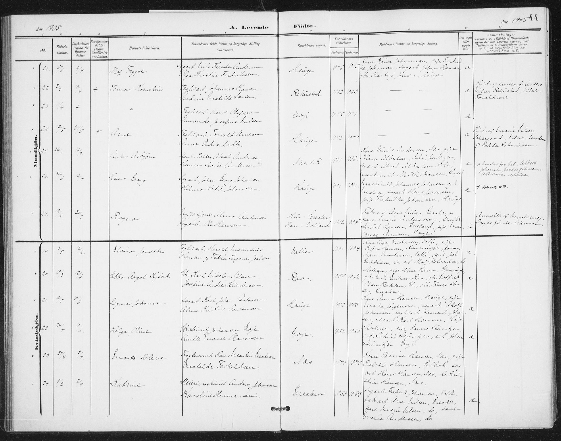 Rolvsøy prestekontor Kirkebøker, AV/SAO-A-2004/F/Fa/L0001: Parish register (official) no. 1, 1901-1909, p. 44