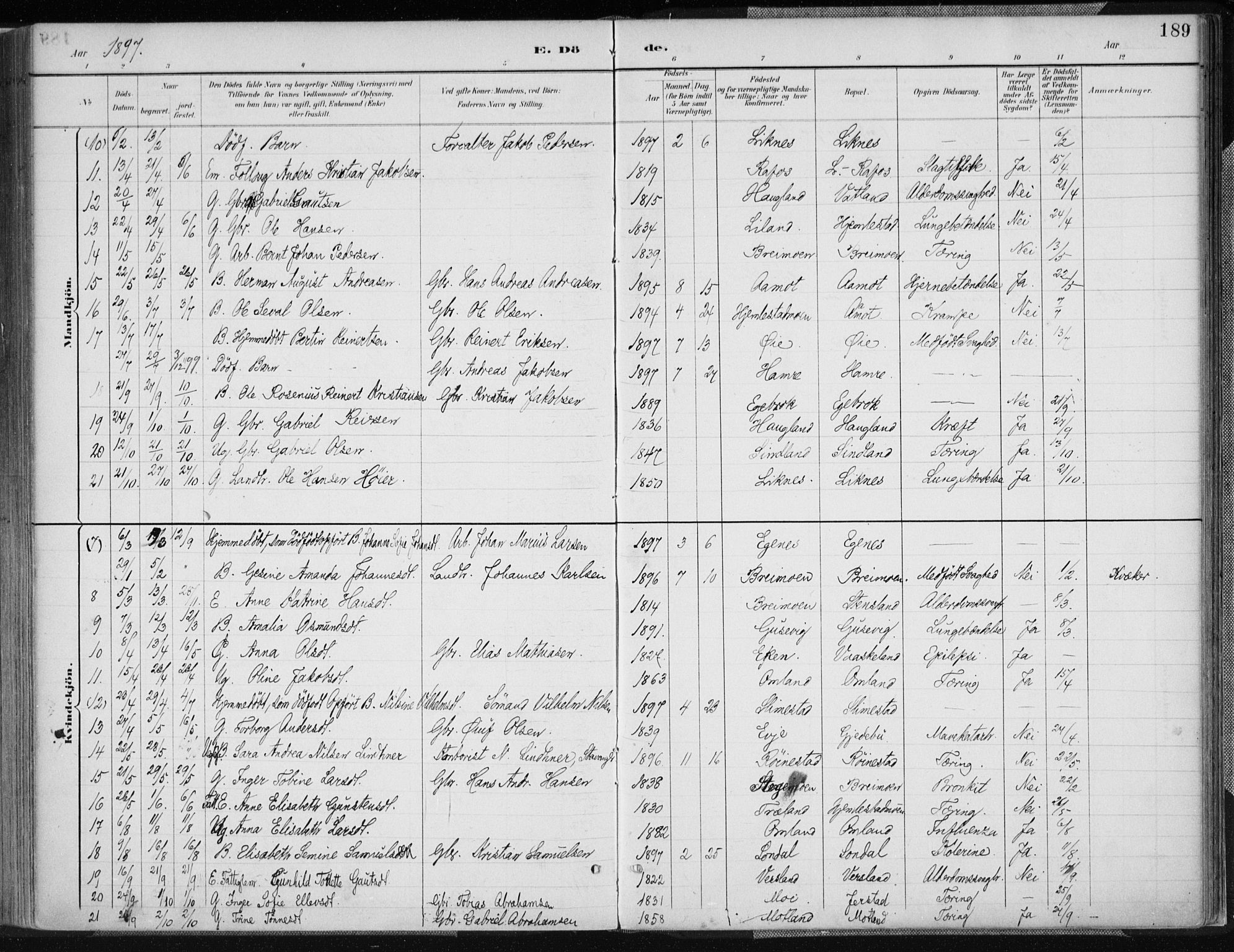 Kvinesdal sokneprestkontor, AV/SAK-1111-0026/F/Fa/Fab/L0008: Parish register (official) no. A 8, 1886-1897, p. 189