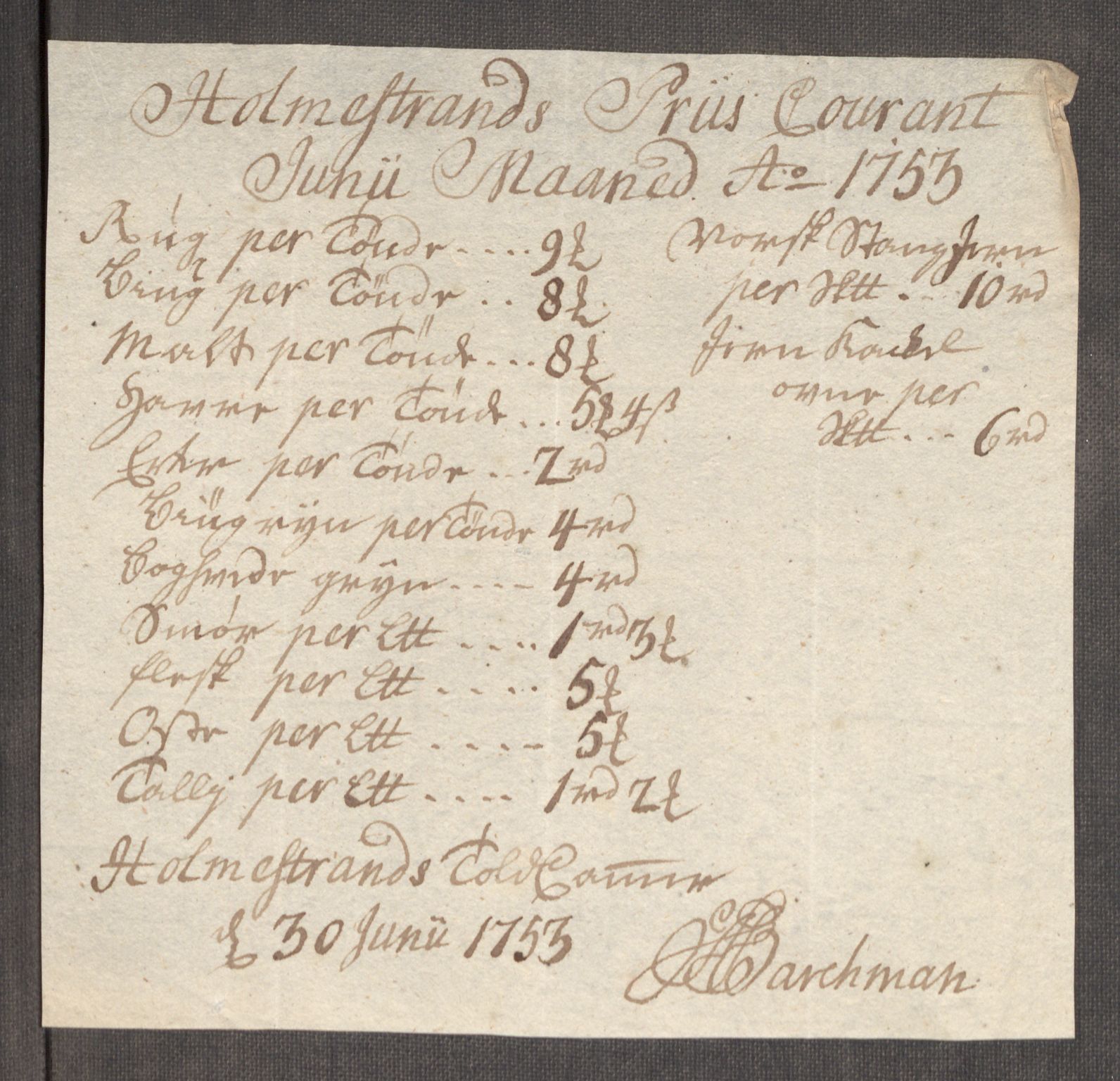 Rentekammeret inntil 1814, Realistisk ordnet avdeling, RA/EA-4070/Oe/L0005: [Ø1]: Priskuranter, 1753-1757, p. 77