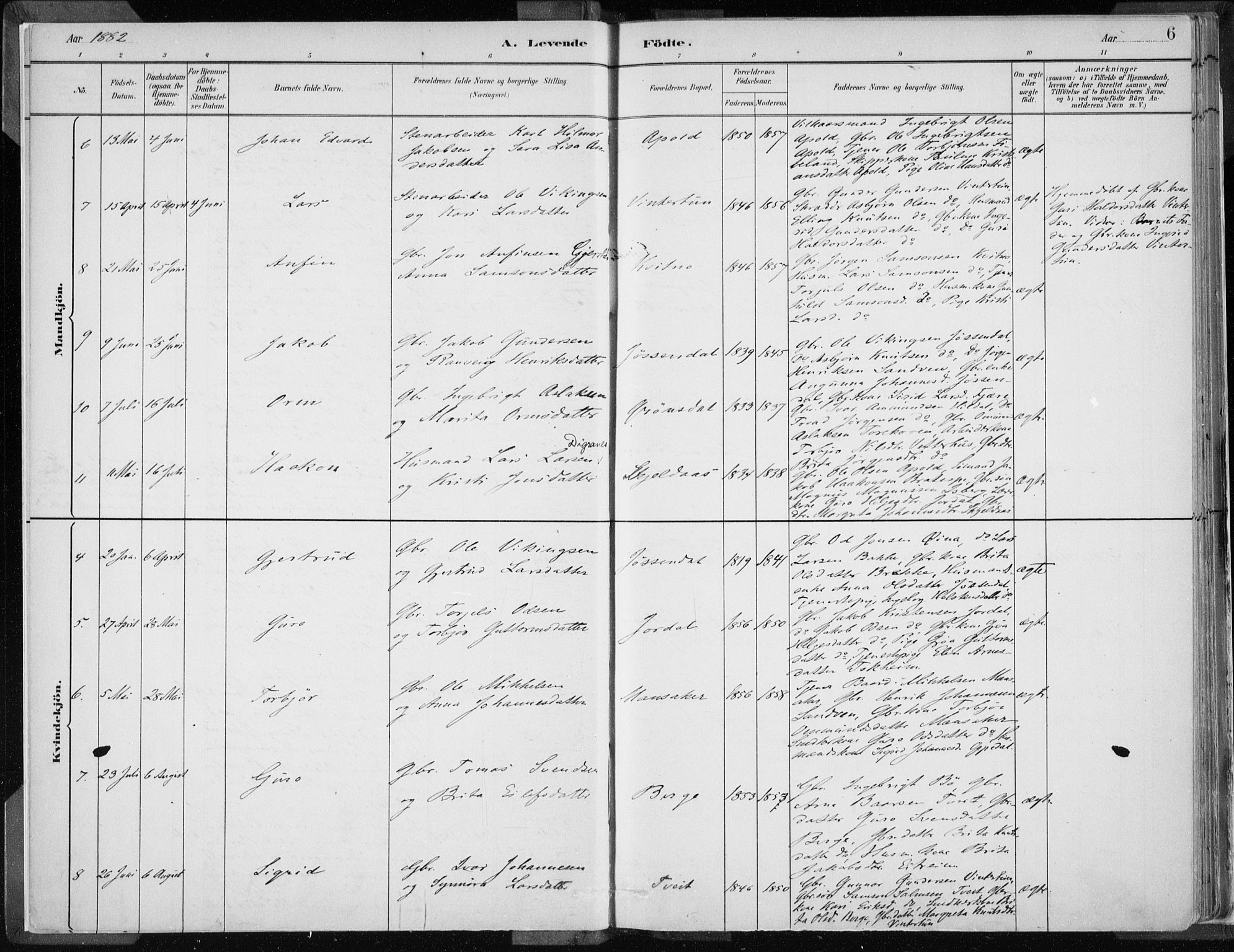 Odda Sokneprestembete, AV/SAB-A-77201/H/Haa: Parish register (official) no. A  3, 1882-1913, p. 6
