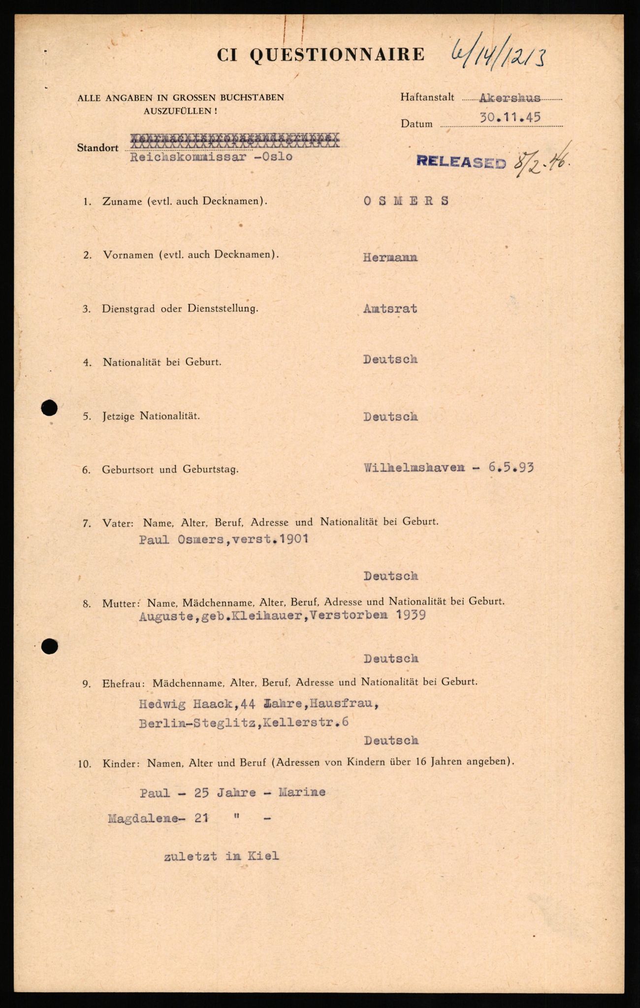 Forsvaret, Forsvarets overkommando II, AV/RA-RAFA-3915/D/Db/L0025: CI Questionaires. Tyske okkupasjonsstyrker i Norge. Tyskere., 1945-1946, p. 33