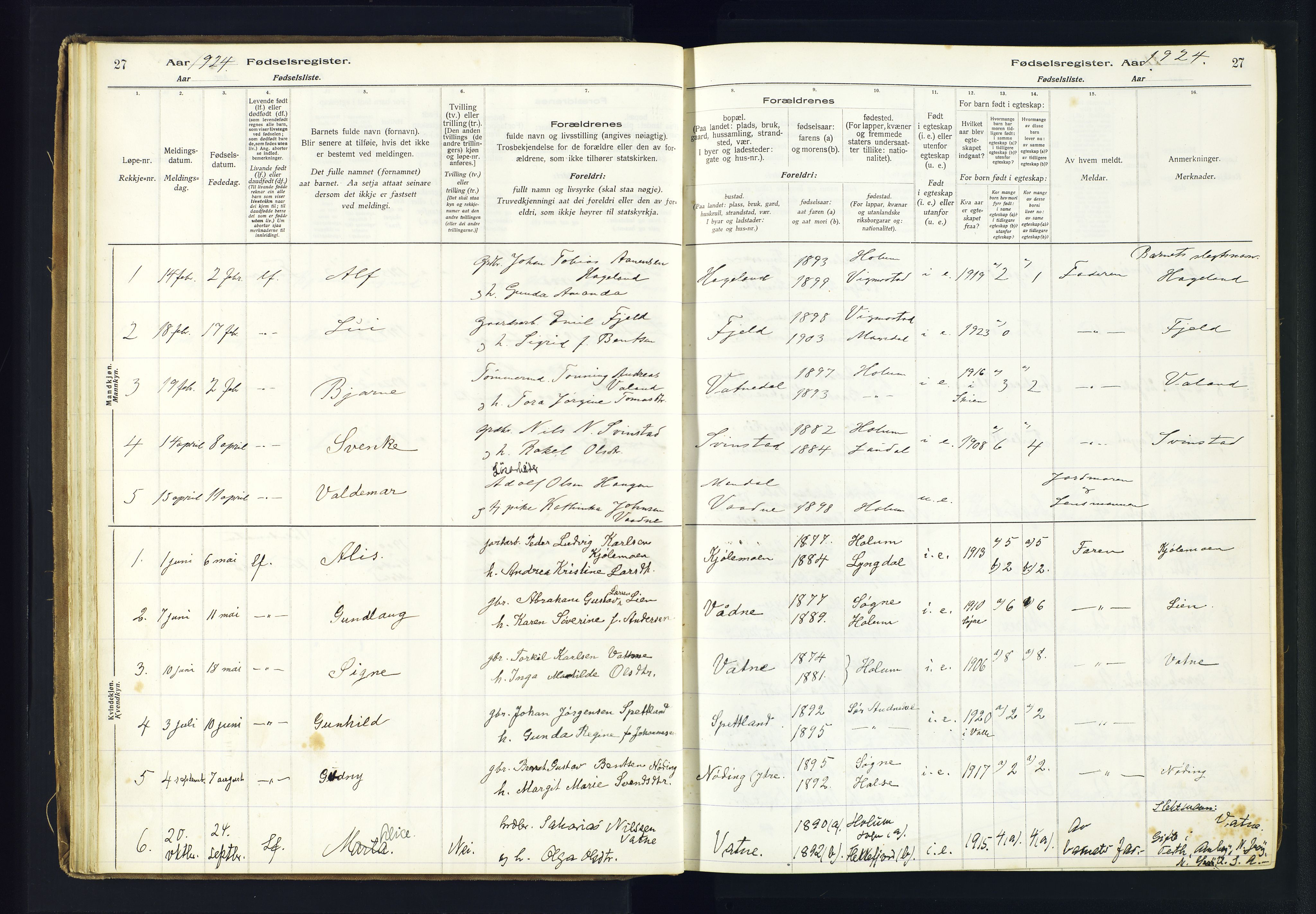 Holum sokneprestkontor, SAK/1111-0022/J/Ja/L0003: Birth register no. II.6.12, 1916-1982, p. 27