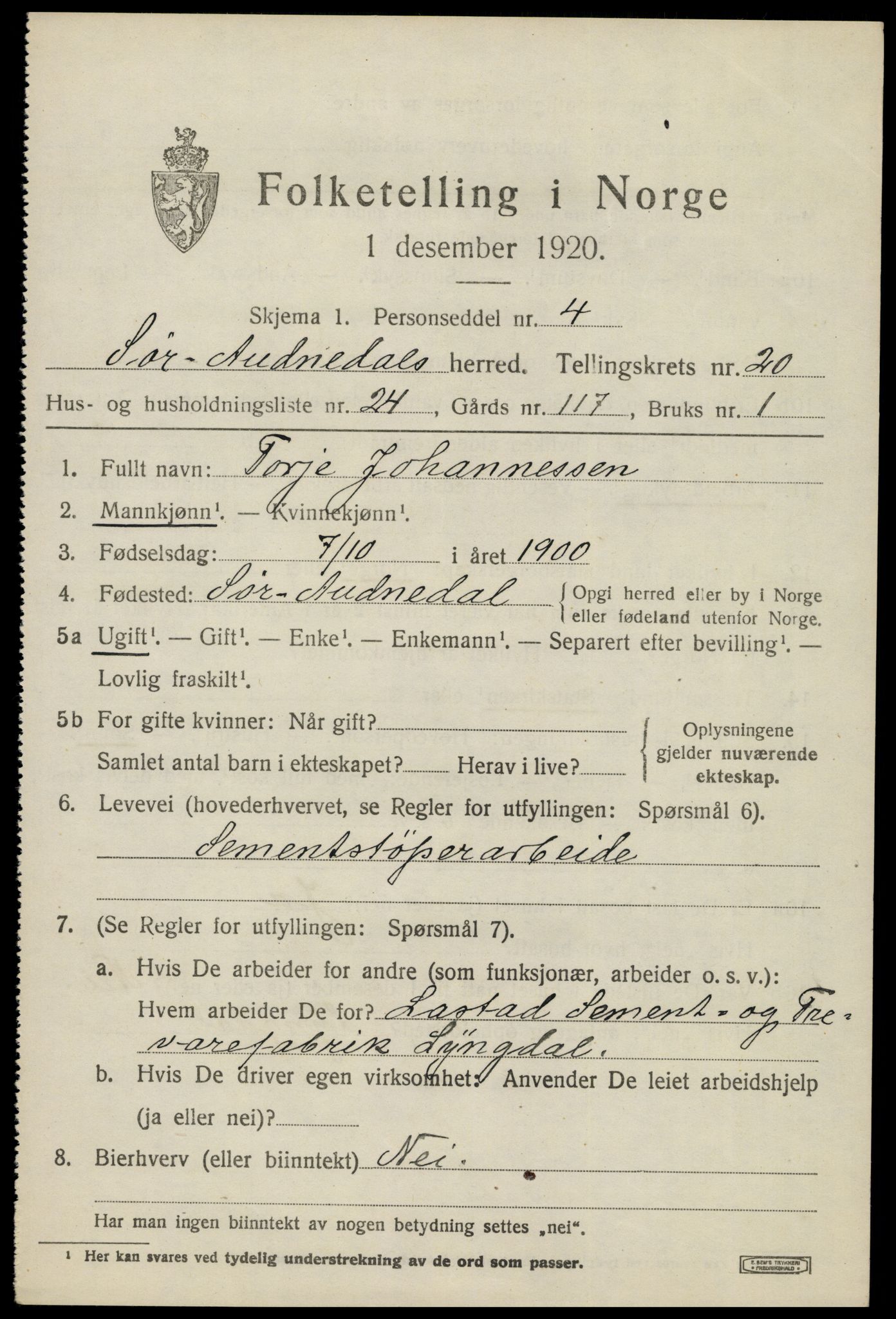 SAK, 1920 census for Sør-Audnedal, 1920, p. 6919