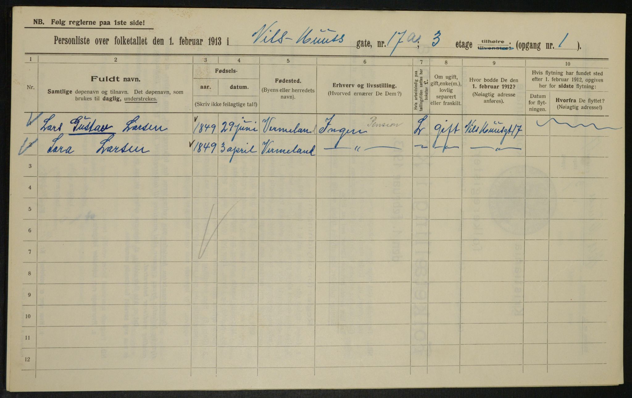 OBA, Municipal Census 1913 for Kristiania, 1913, p. 71017