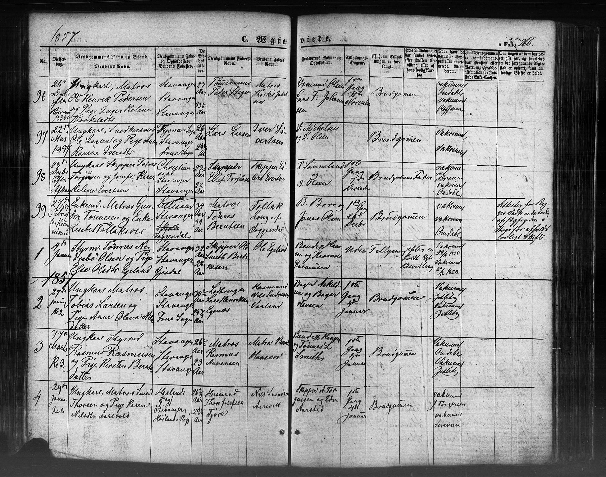 Domkirken sokneprestkontor, SAST/A-101812/001/30/30BB/L0009: Parish register (copy) no. B 9, 1850-1858, p. 266