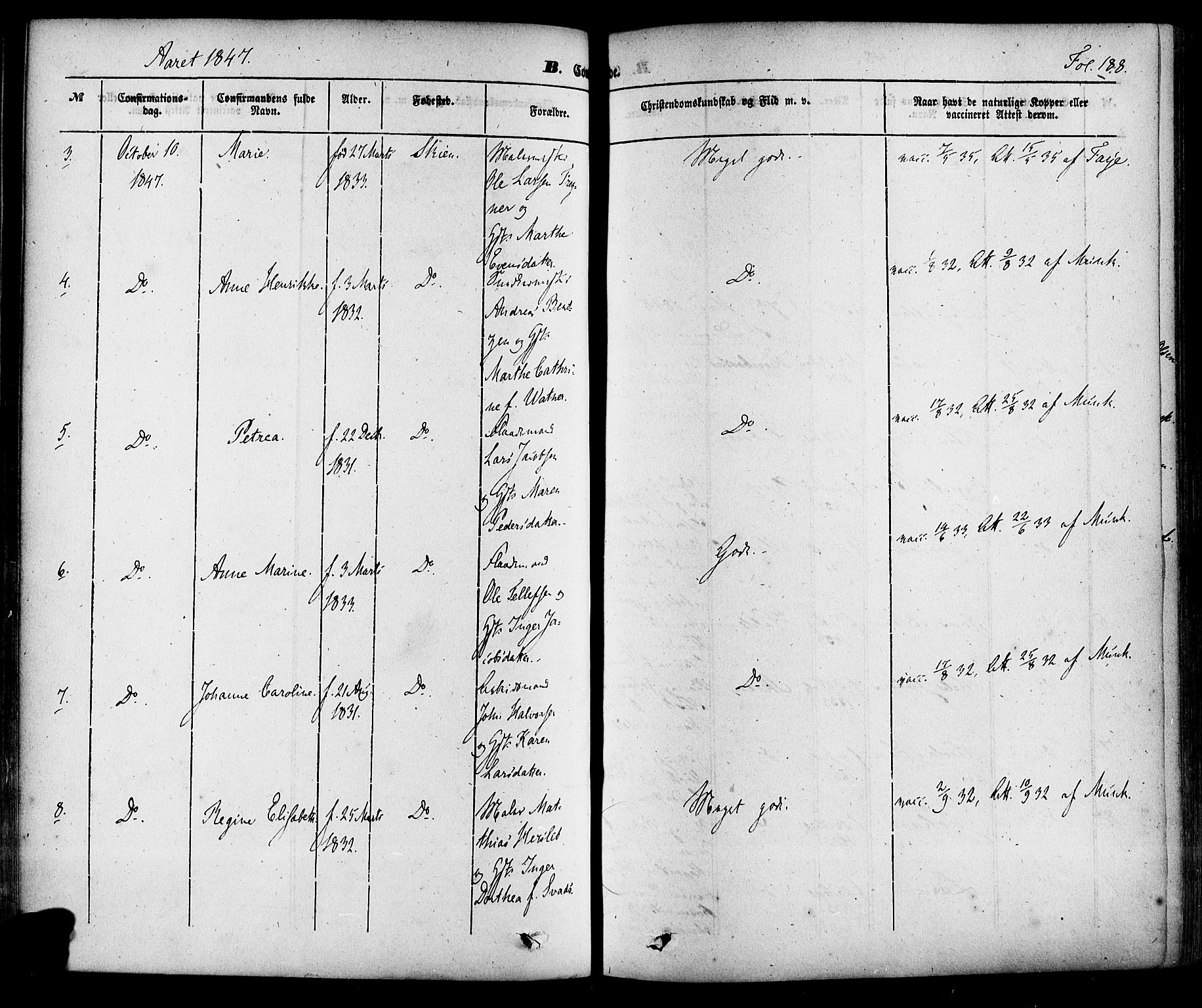 Skien kirkebøker, AV/SAKO-A-302/F/Fa/L0006a: Parish register (official) no. 6A, 1843-1856, p. 188