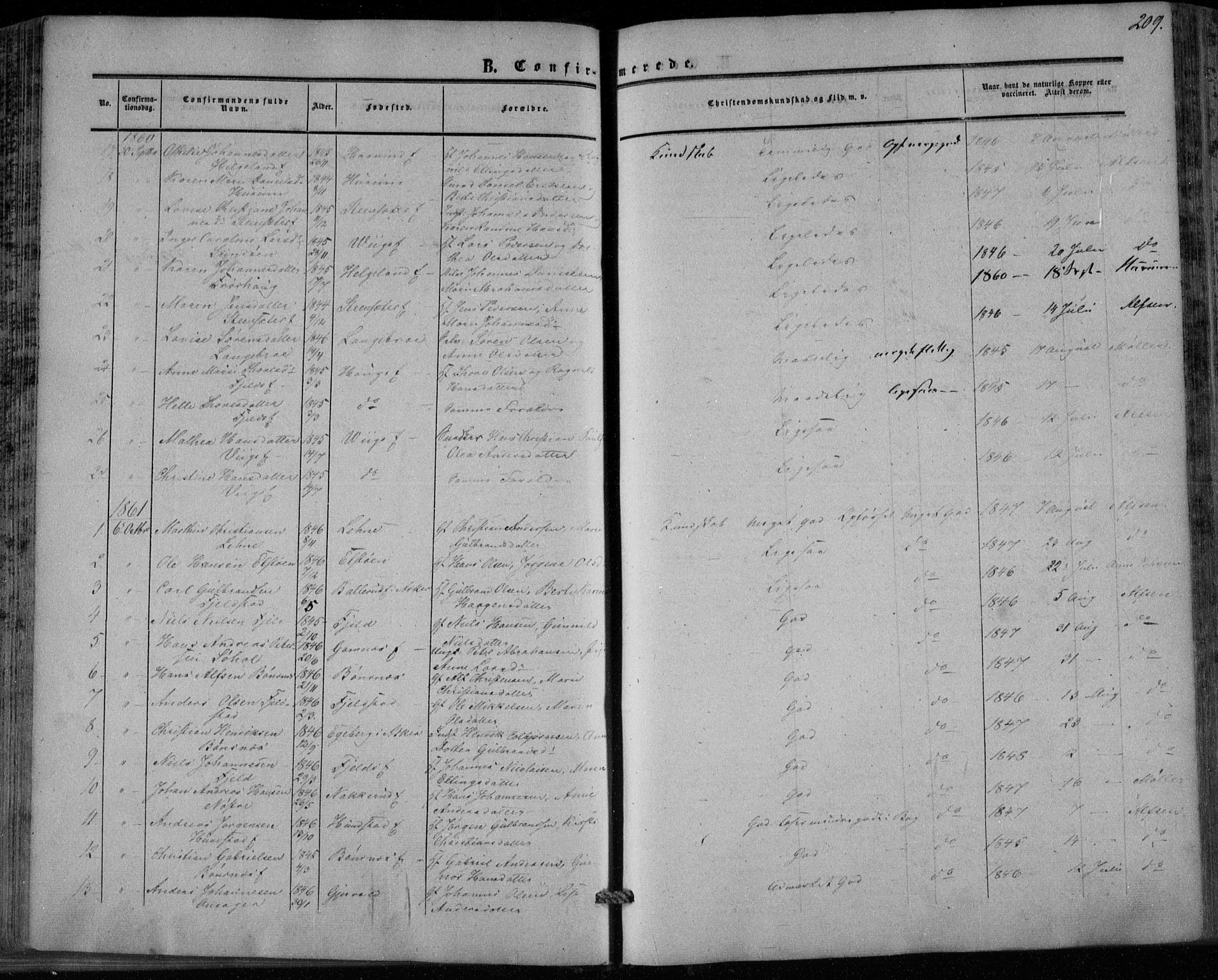 Hole kirkebøker, SAKO/A-228/F/Fa/L0006: Parish register (official) no. I 6, 1852-1872, p. 209