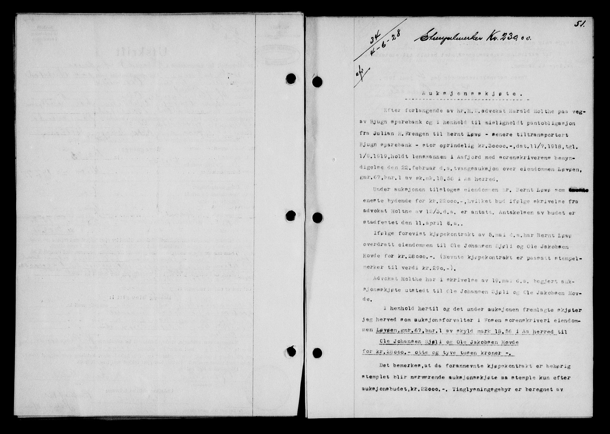 Fosen sorenskriveri, AV/SAT-A-1107/1/2/2C/L0067: Mortgage book no. 58, 1928-1929, p. 51, Deed date: 04.06.1928