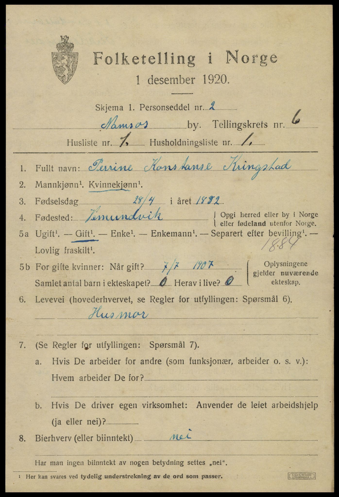 SAT, 1920 census for Namsos, 1920, p. 6333