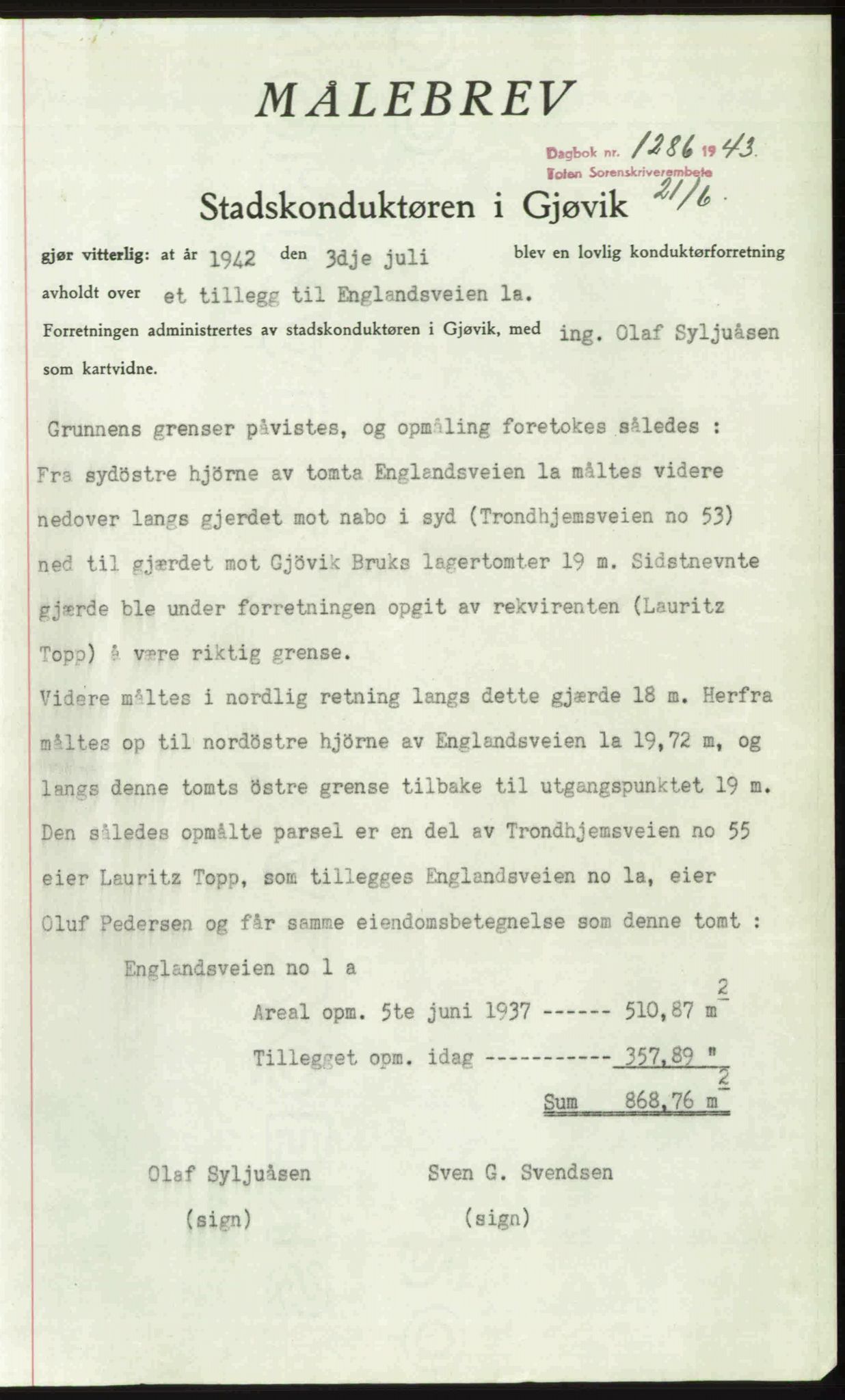Toten tingrett, AV/SAH-TING-006/H/Hb/Hbc/L0010: Mortgage book no. Hbc-10, 1942-1943, Diary no: : 1286/1943