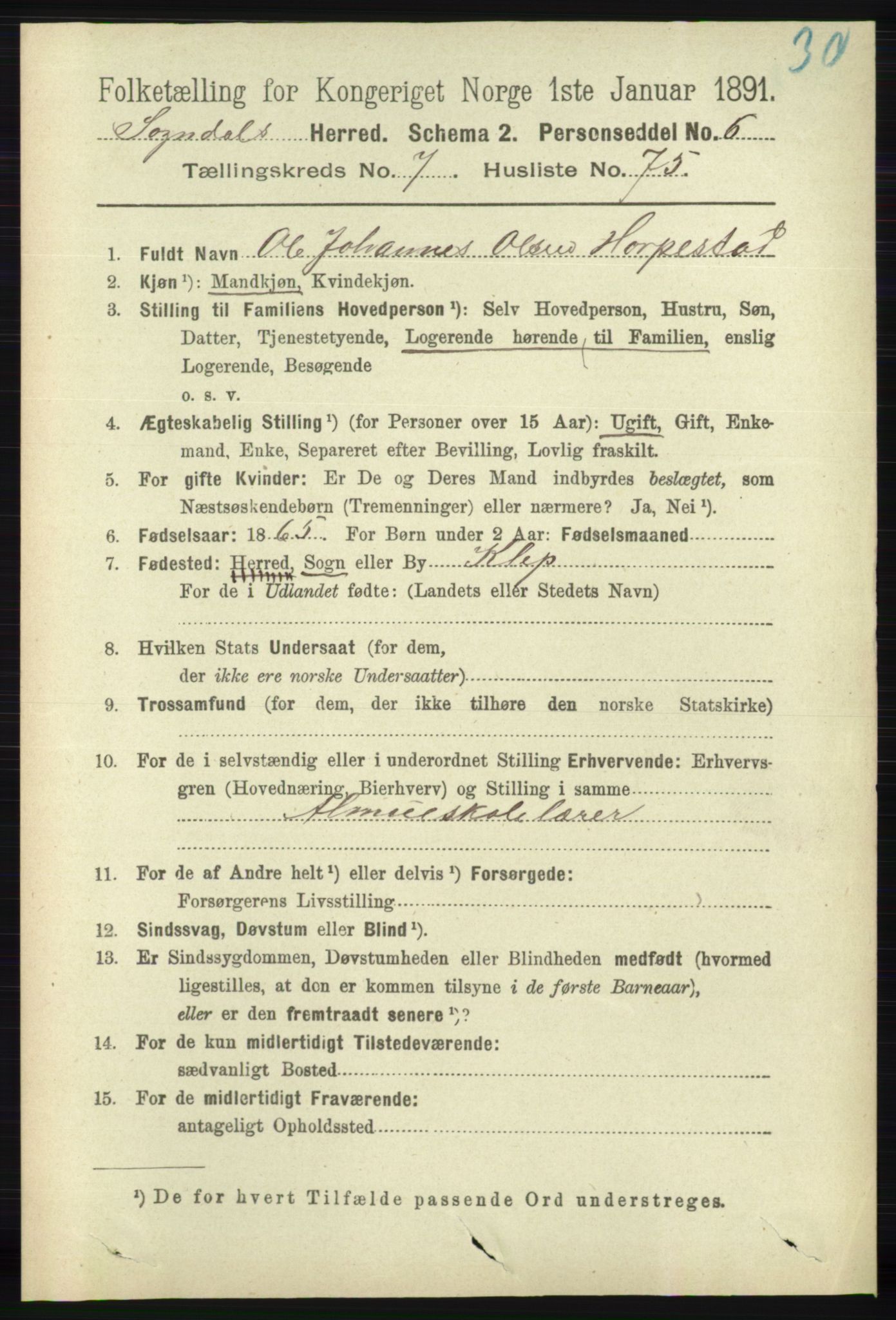 RA, 1891 census for 1111 Sokndal, 1891, p. 2594