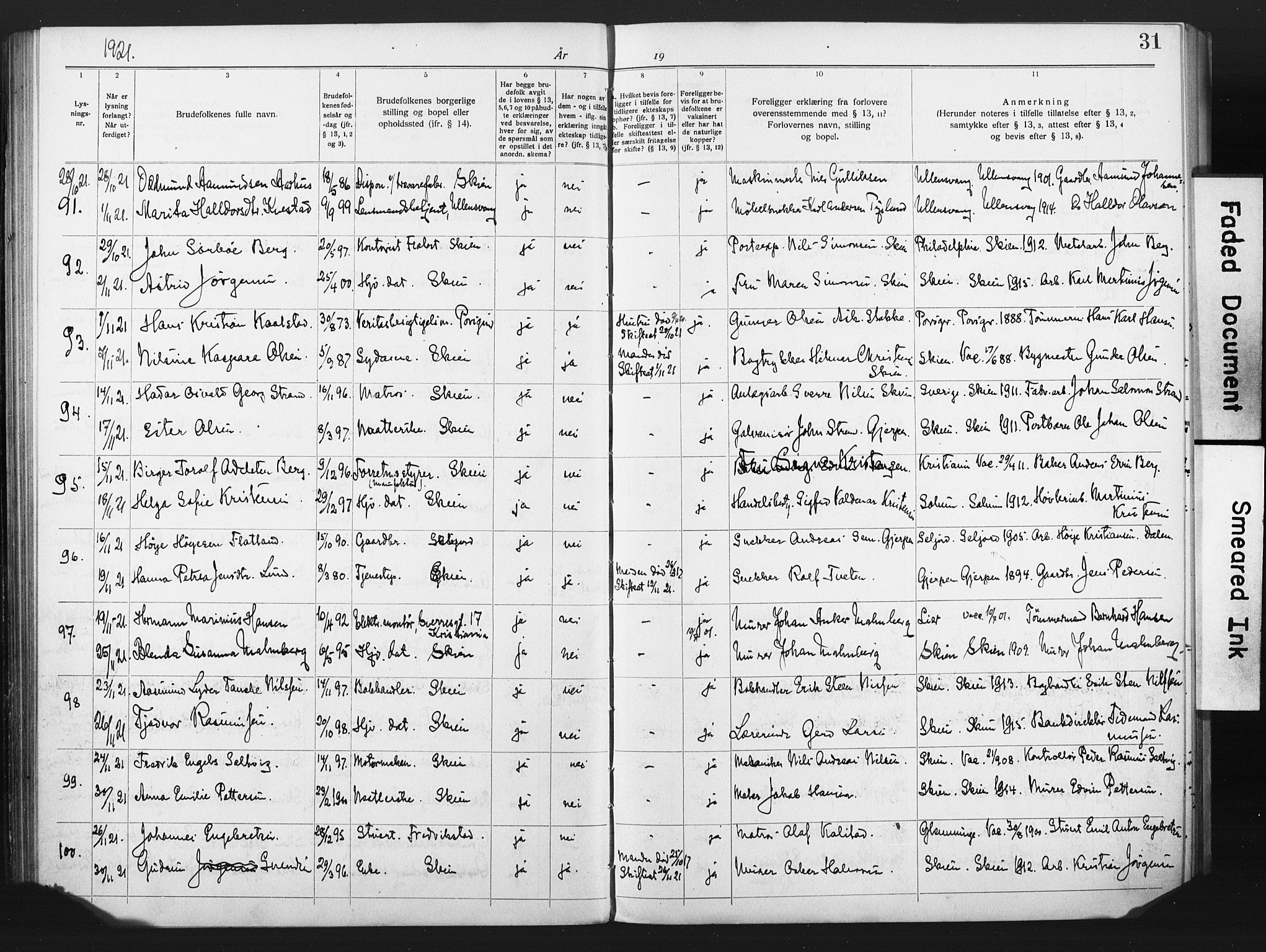 Skien kirkebøker, SAKO/A-302/H/Ha/L0001: Banns register no. 1, 1919-1929, p. 31
