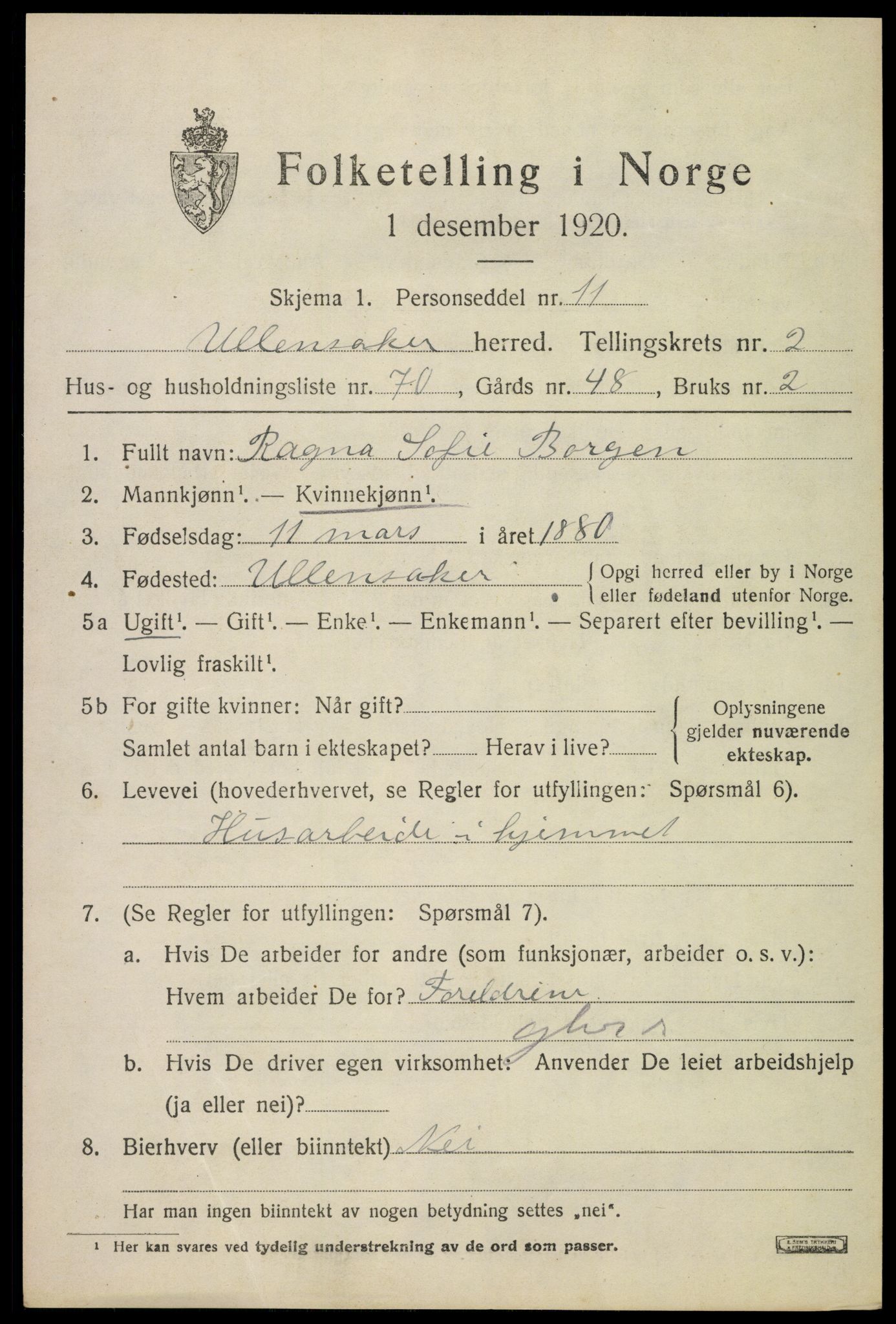 SAO, 1920 census for Ullensaker, 1920, p. 5523