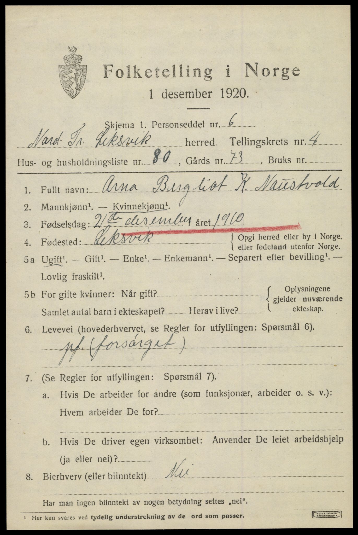 SAT, 1920 census for Leksvik, 1920, p. 4534