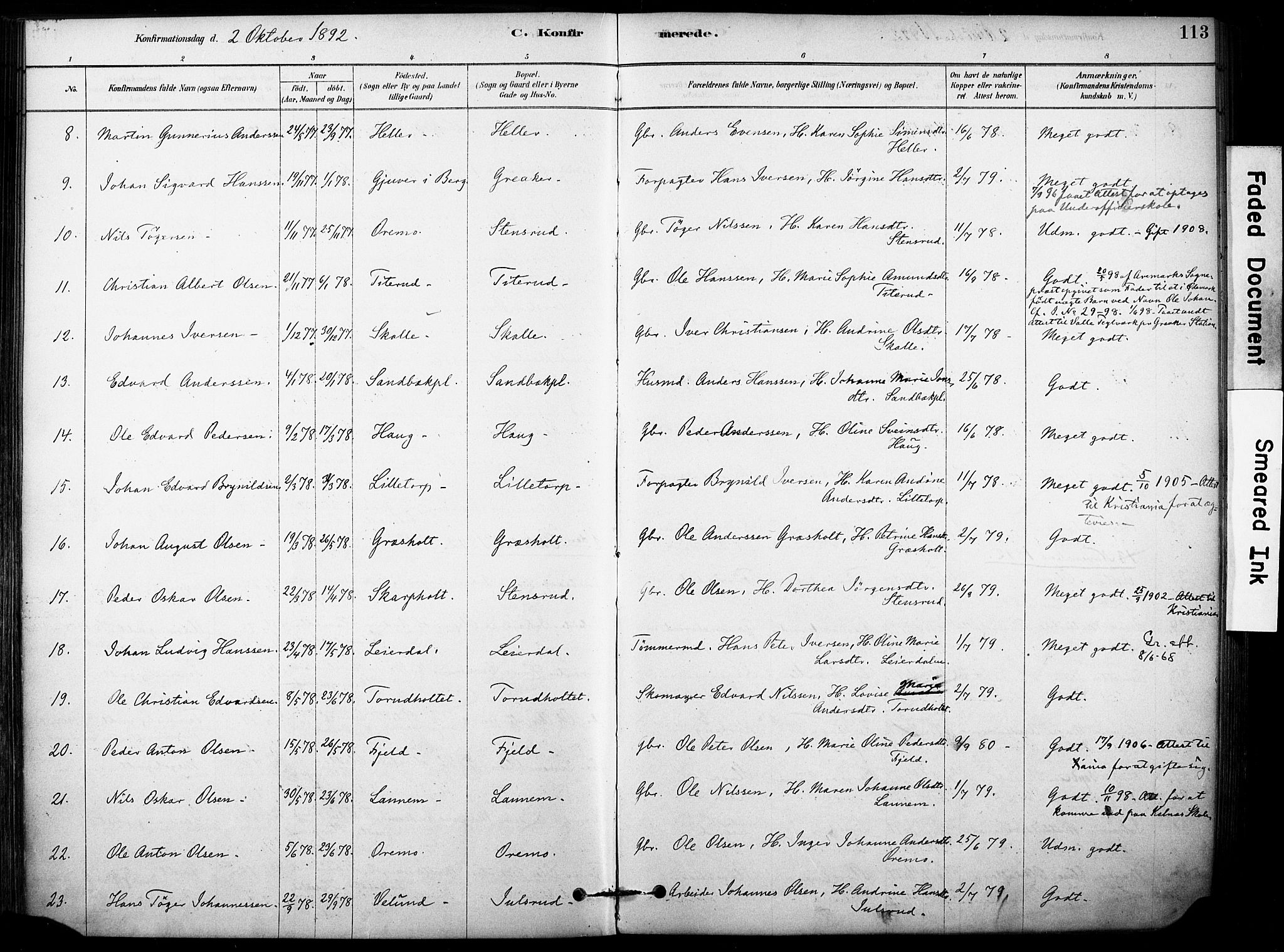 Rakkestad prestekontor Kirkebøker, AV/SAO-A-2008/F/Fb/L0001: Parish register (official) no. II 1, 1878-1899, p. 113