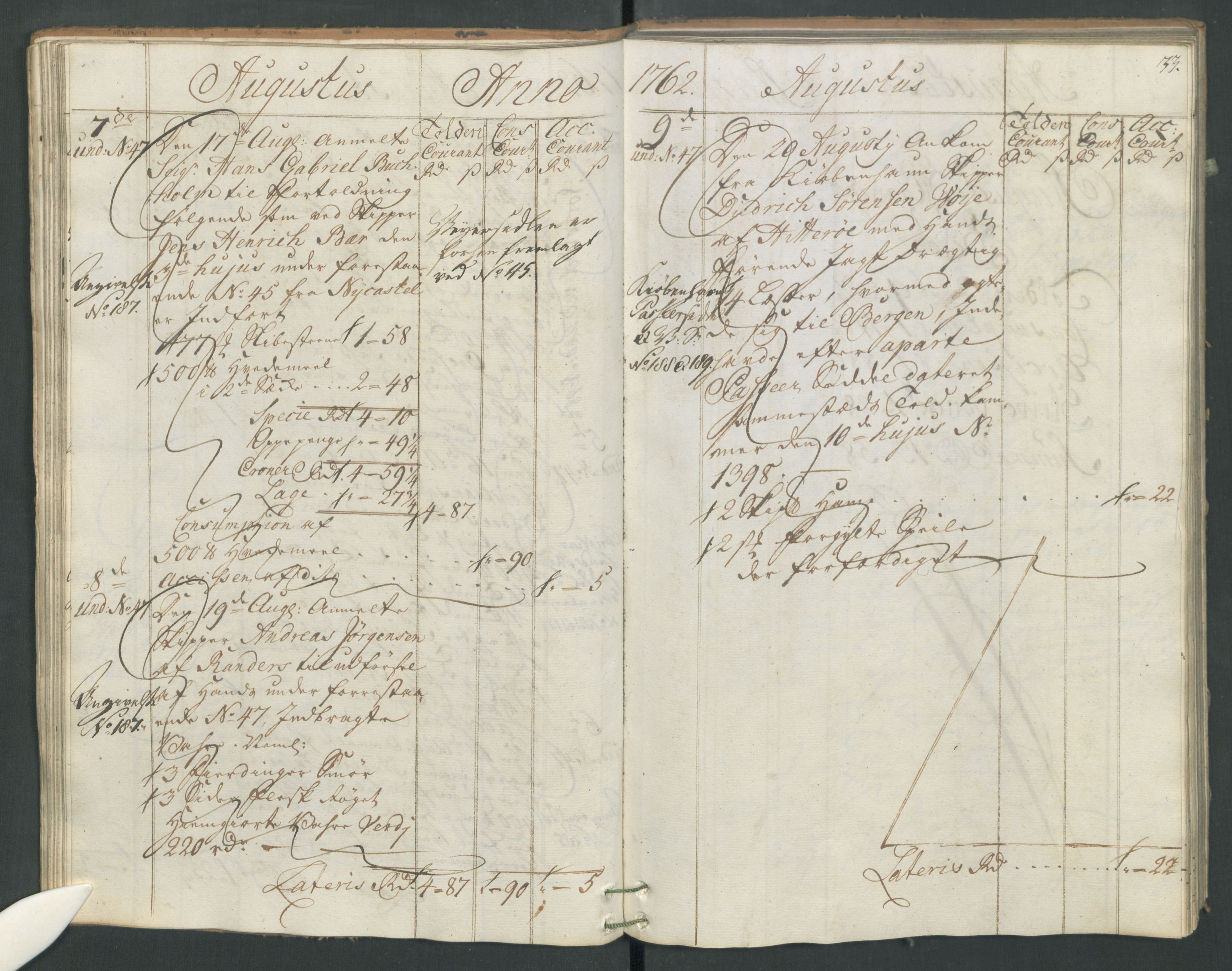 Generaltollkammeret, tollregnskaper, AV/RA-EA-5490/R19/L0021a/0001: Tollregnskaper Flekkefjord / Inngående hovedtollbok, 1762, p. 32b-33a