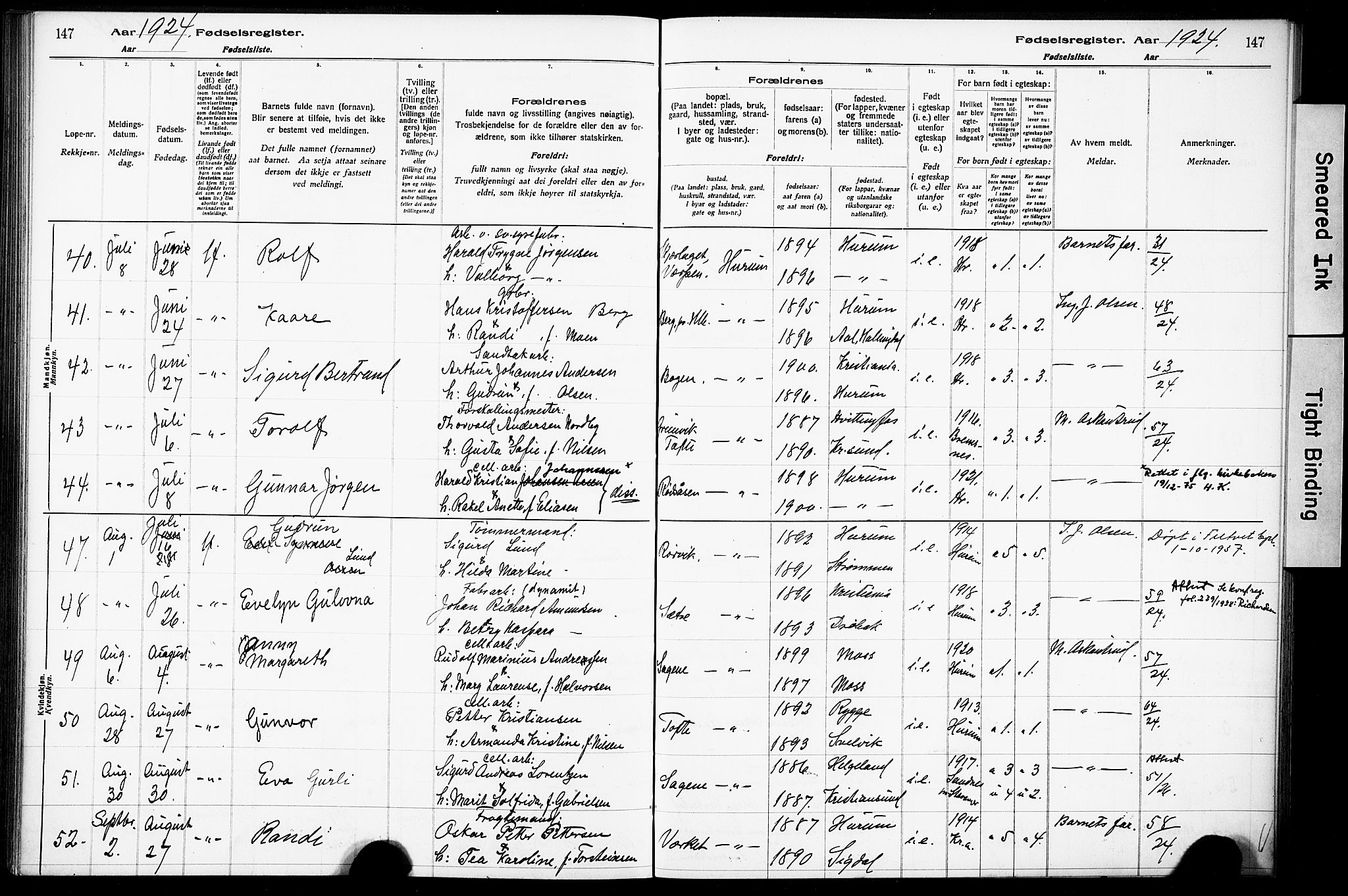 Hurum kirkebøker, AV/SAKO-A-229/J/Ja/L0001: Birth register no. 1, 1916-1928, p. 147