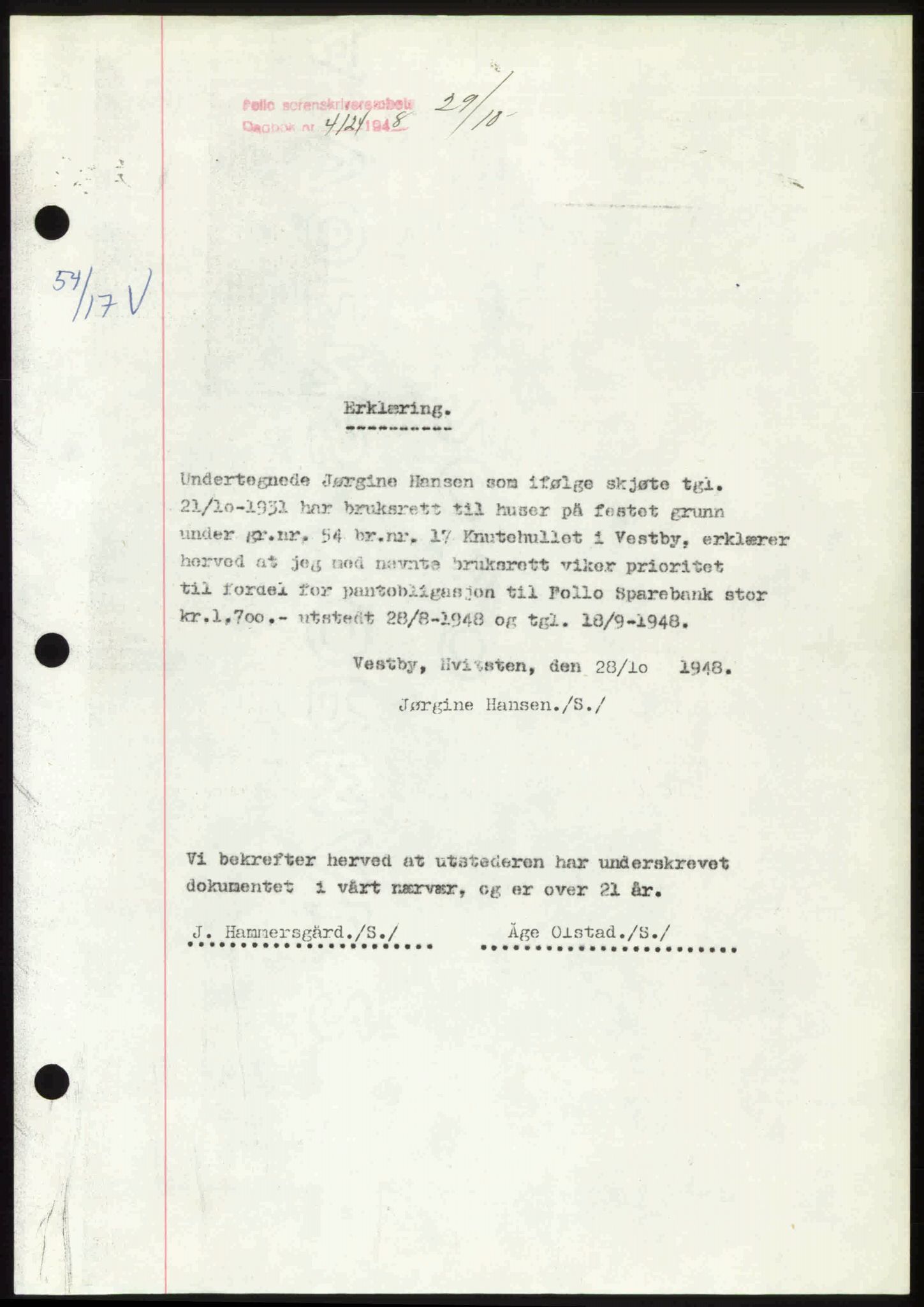 Follo sorenskriveri, SAO/A-10274/G/Ga/Gaa/L0085: Mortgage book no. I 85, 1948-1948, Diary no: : 4124/1948