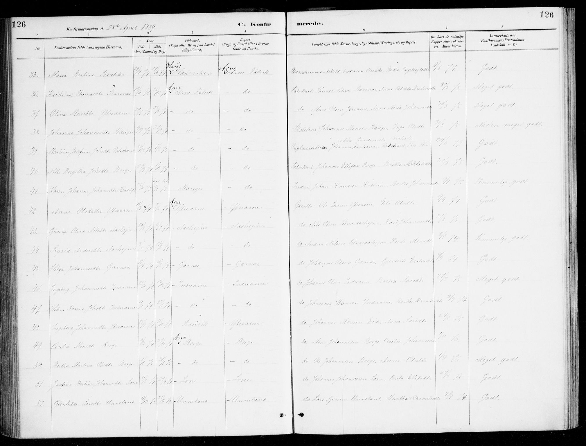 Haus sokneprestembete, AV/SAB-A-75601/H/Haa/Haad/L0001: Parish register (official) no. D 1, 1887-1898, p. 126