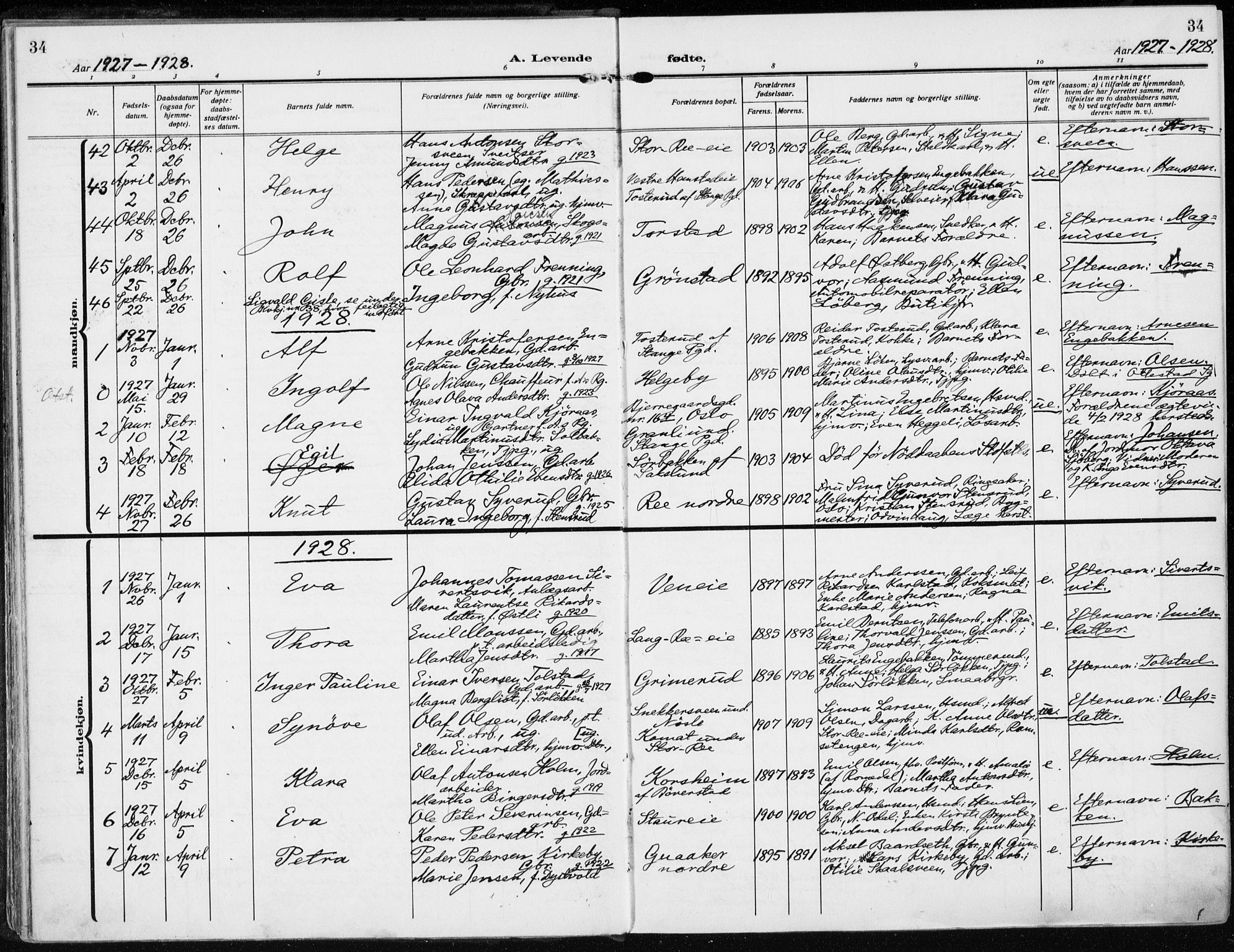 Stange prestekontor, AV/SAH-PREST-002/K/L0026: Parish register (official) no. 26, 1923-1937, p. 34