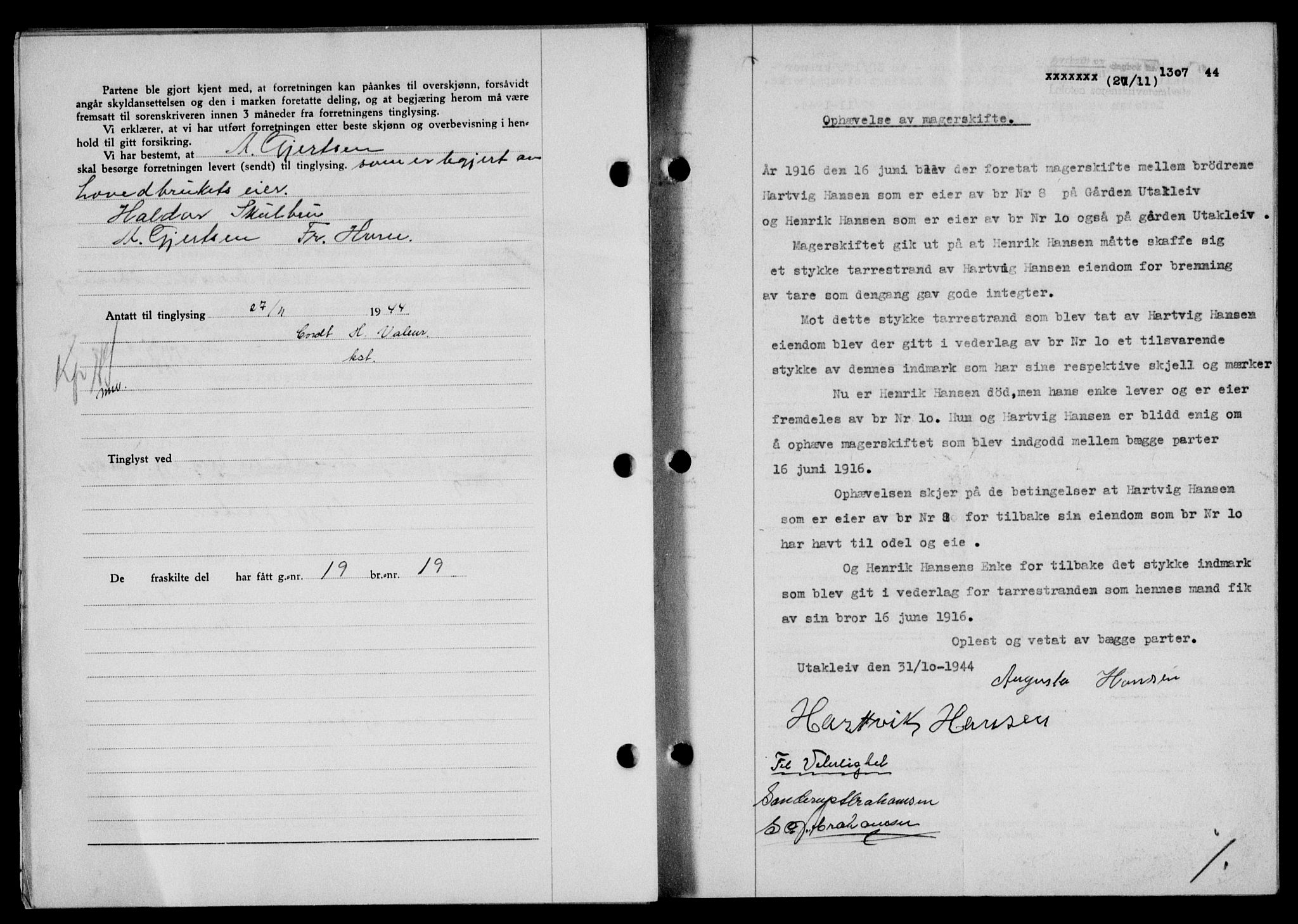 Lofoten sorenskriveri, SAT/A-0017/1/2/2C/L0012a: Mortgage book no. 12a, 1943-1944, Diary no: : 1307/1944