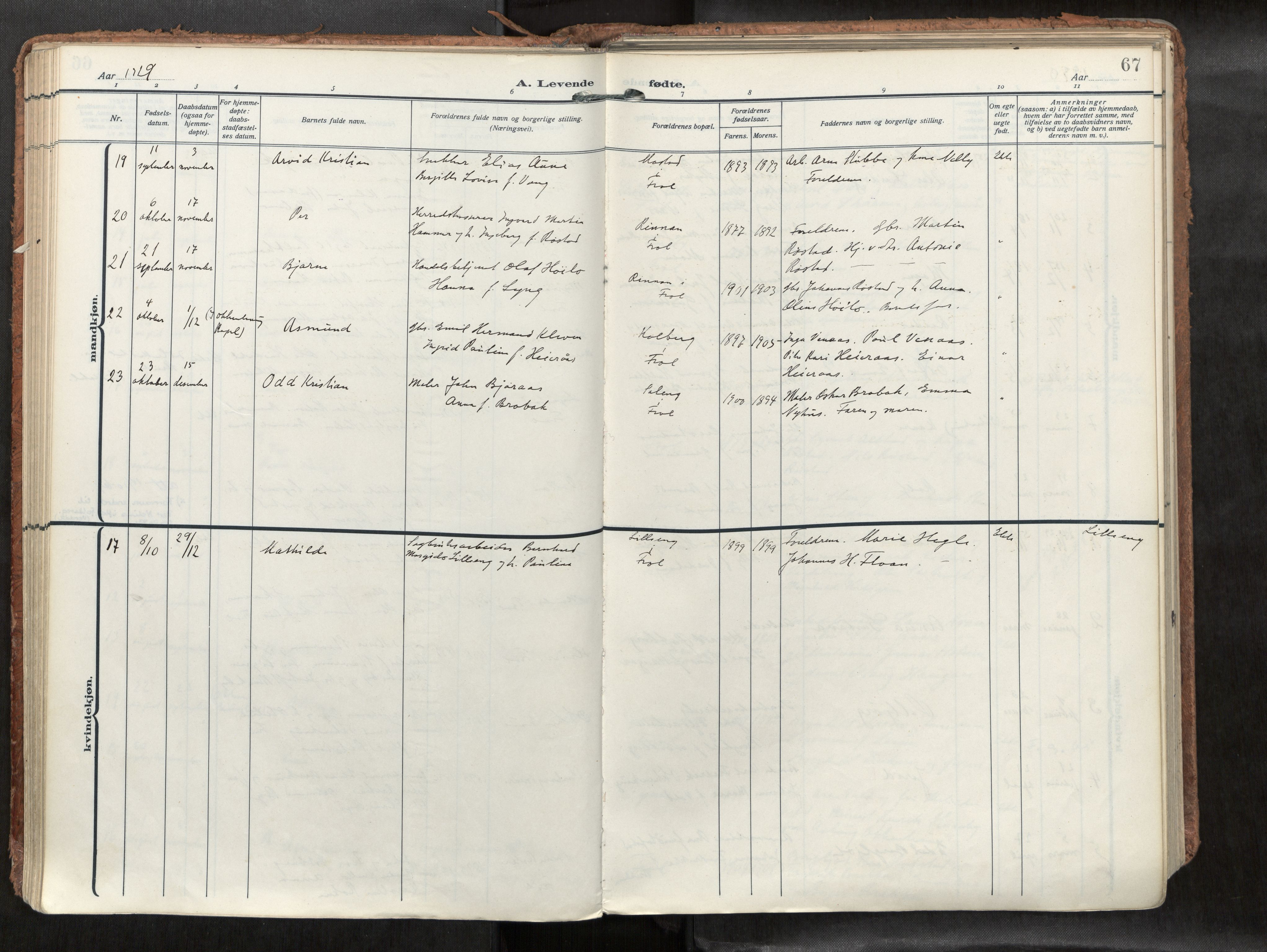 Levanger sokneprestkontor, SAT/A-1301/2/H/Haa/L0002: Parish register (official) no. 2, 1912-1935, p. 67