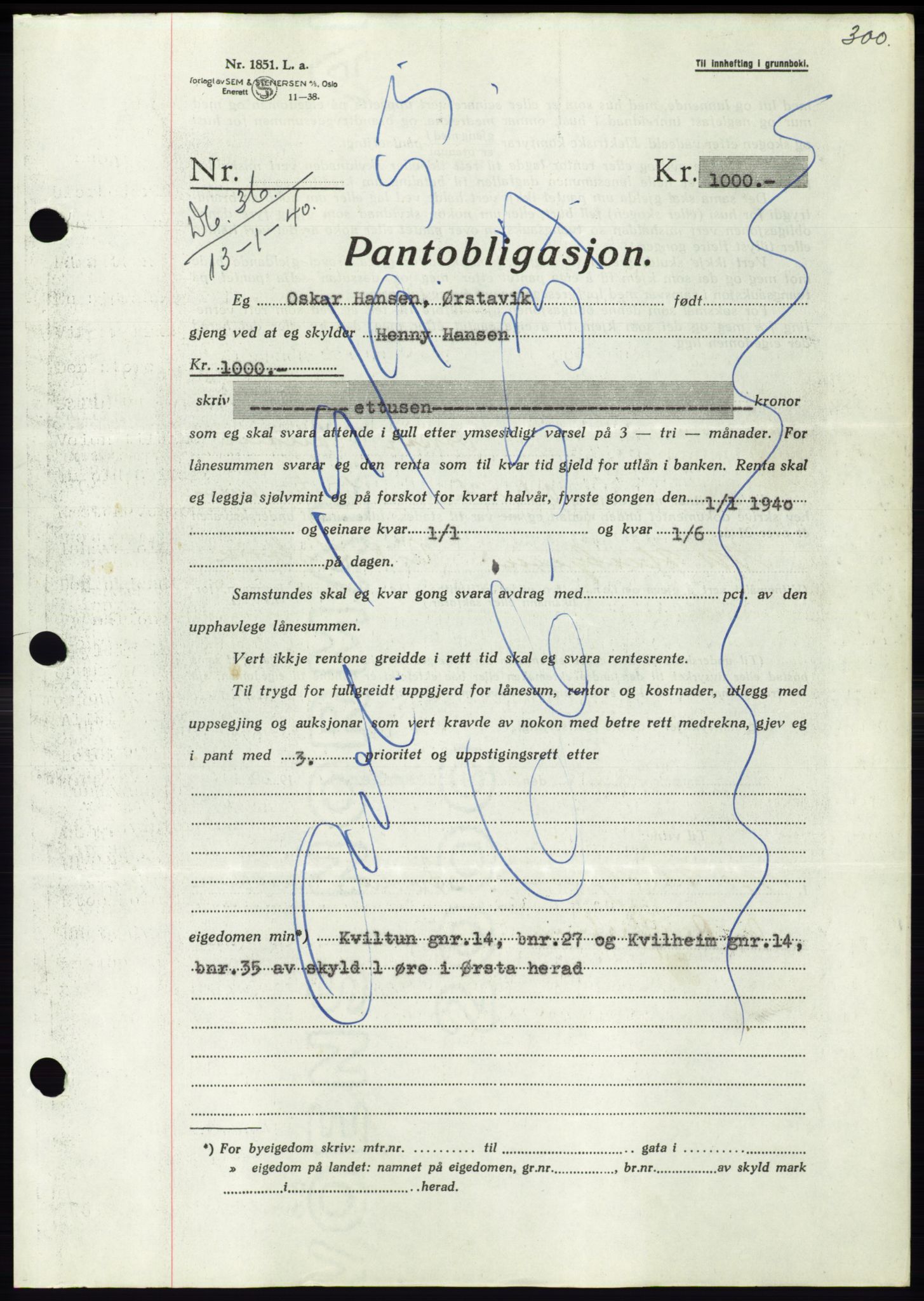 Søre Sunnmøre sorenskriveri, AV/SAT-A-4122/1/2/2C/L0069: Mortgage book no. 63, 1939-1940, Diary no: : 36/1940