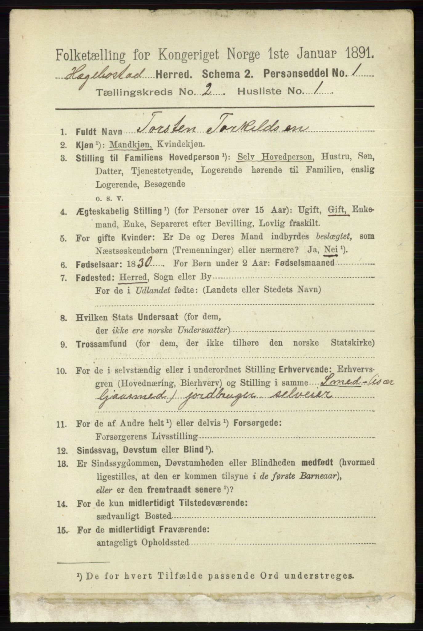 RA, 1891 census for 1034 Hægebostad, 1891, p. 492