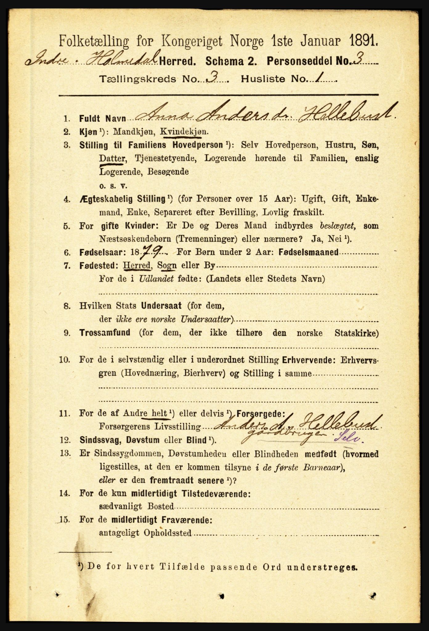 RA, 1891 census for 1430 Indre Holmedal, 1891, p. 897