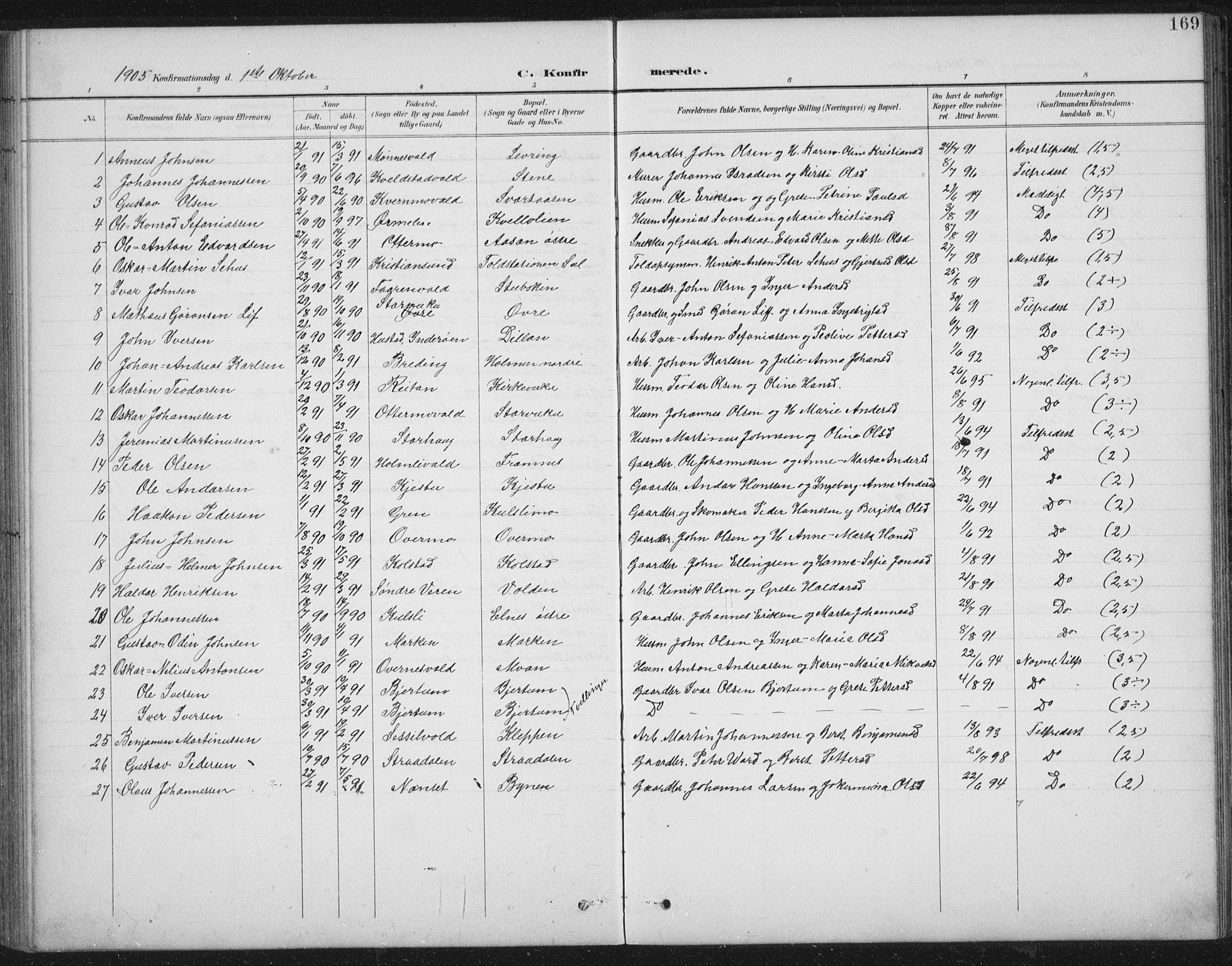 Ministerialprotokoller, klokkerbøker og fødselsregistre - Nord-Trøndelag, SAT/A-1458/724/L0269: Parish register (copy) no. 724C05, 1899-1920, p. 169