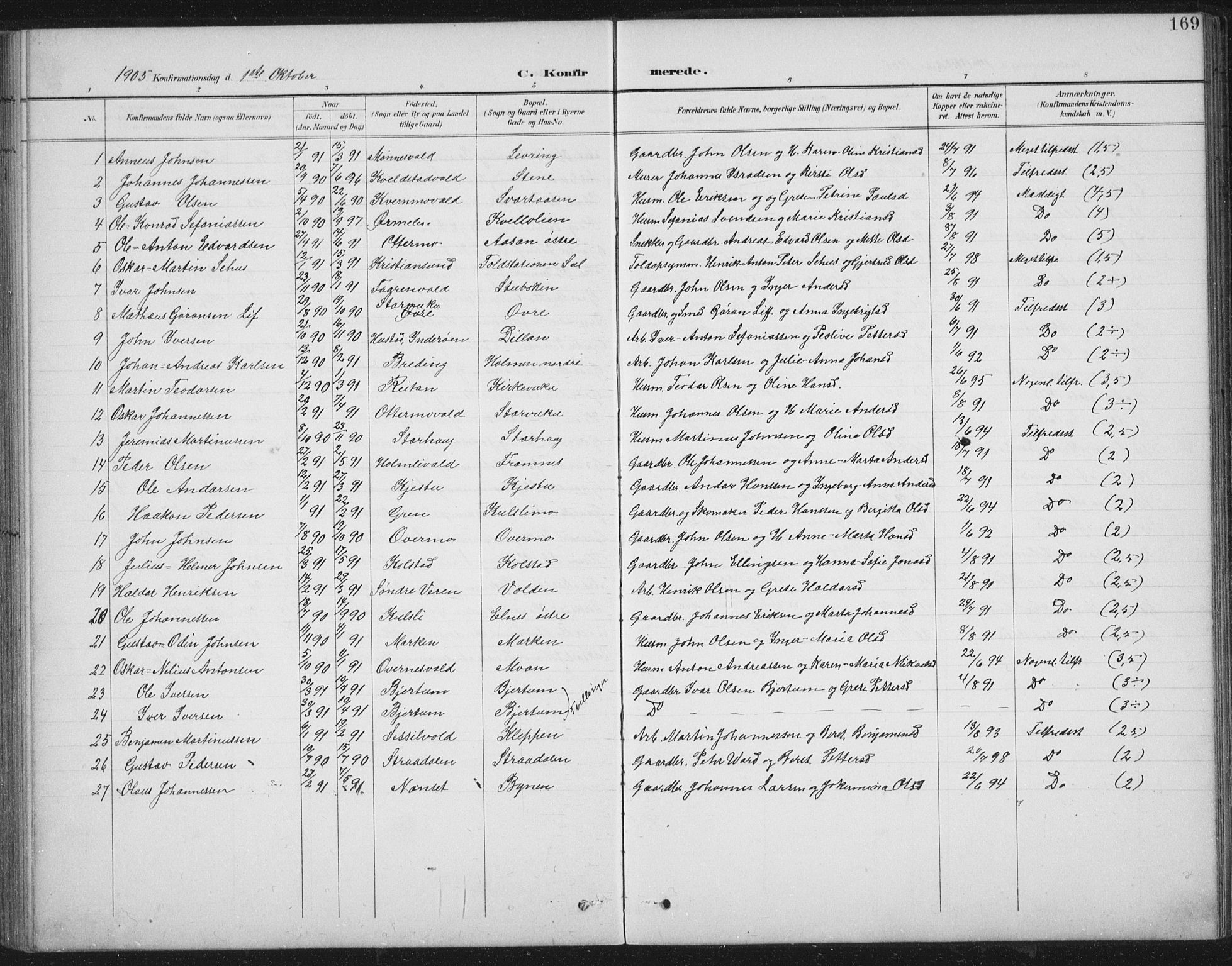 Ministerialprotokoller, klokkerbøker og fødselsregistre - Nord-Trøndelag, AV/SAT-A-1458/724/L0269: Parish register (copy) no. 724C05, 1899-1920, p. 169