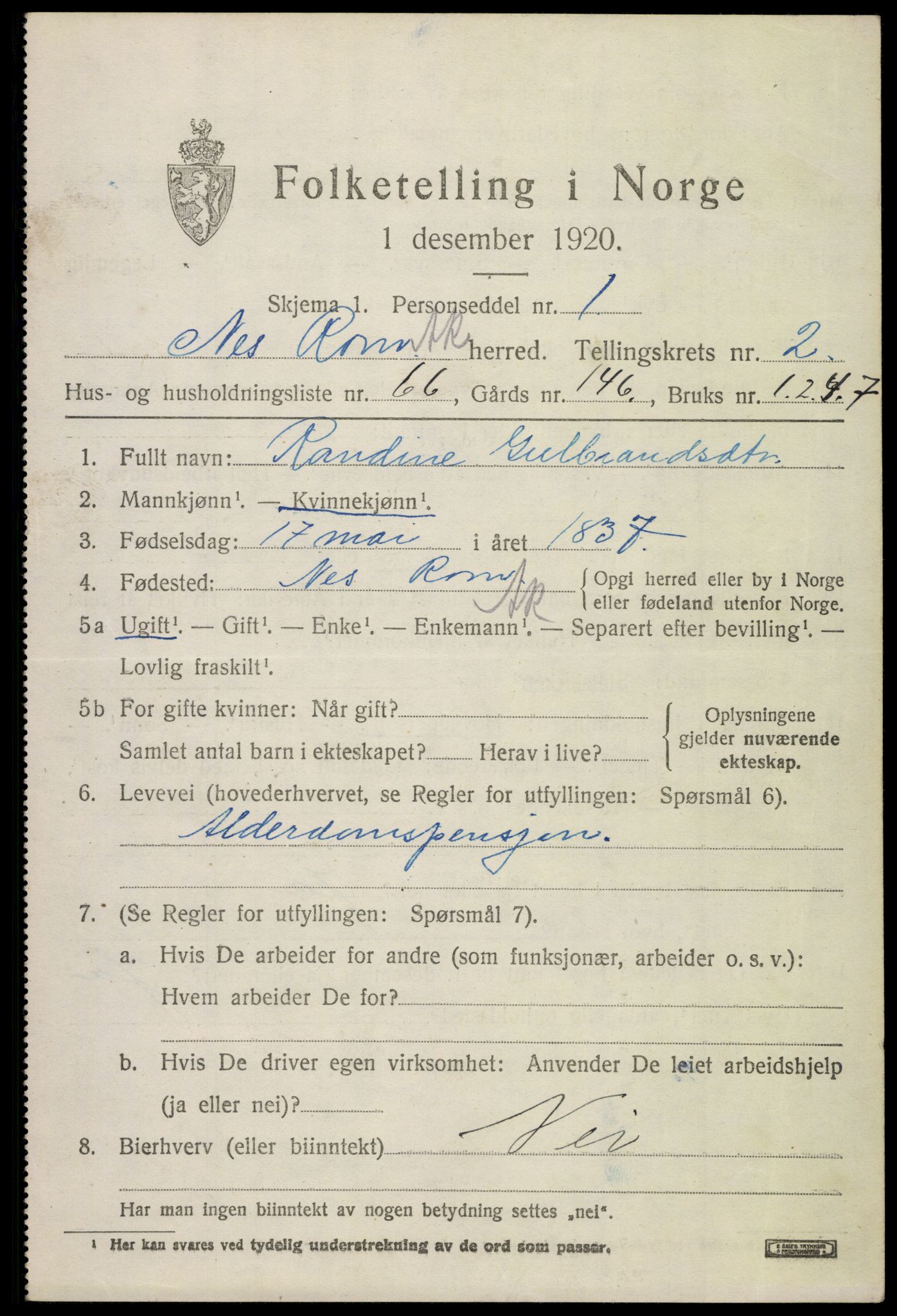 SAO, 1920 census for Nes, 1920, p. 5776