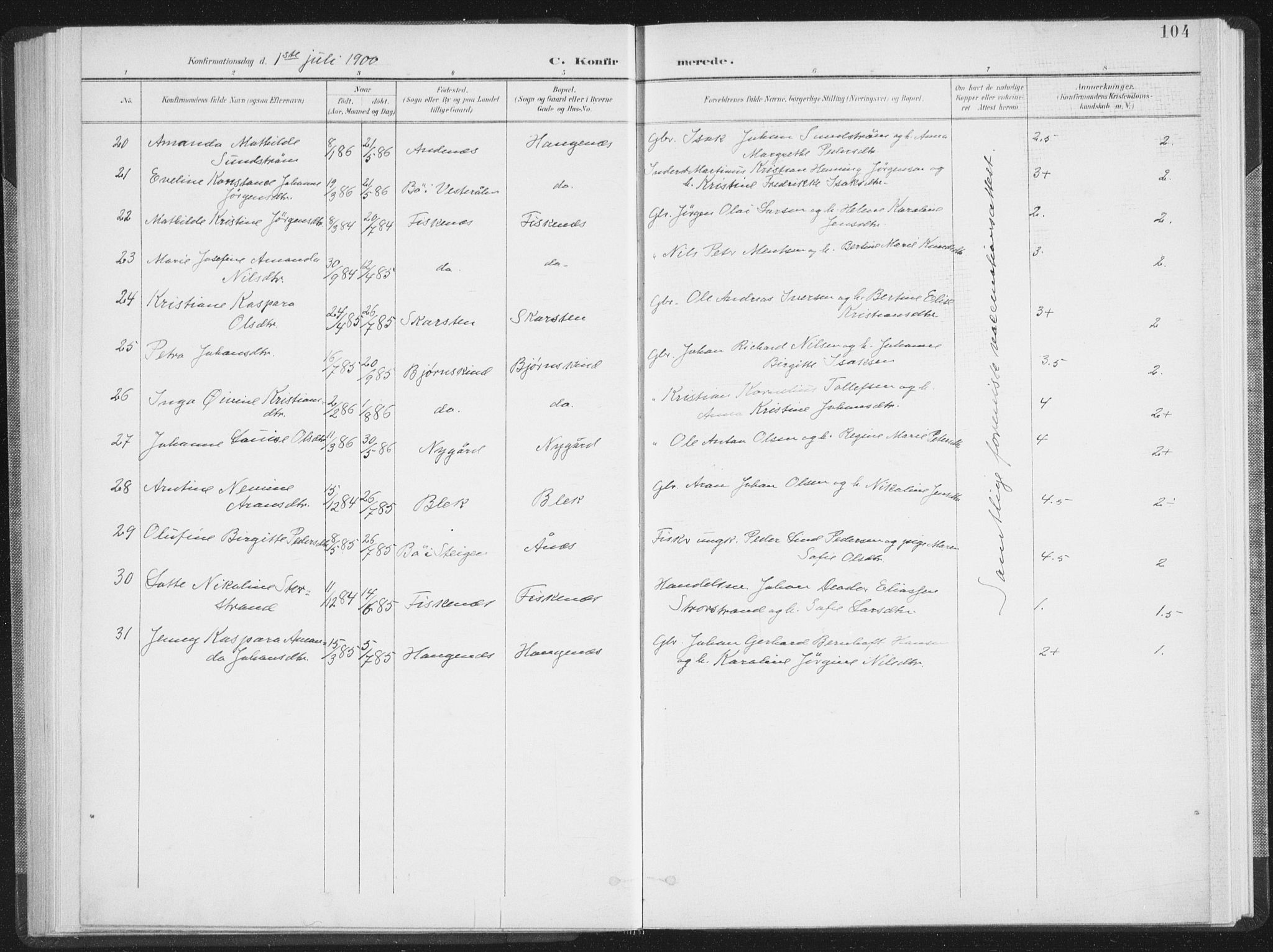 Ministerialprotokoller, klokkerbøker og fødselsregistre - Nordland, AV/SAT-A-1459/897/L1400: Parish register (official) no. 897A07, 1897-1908, p. 104