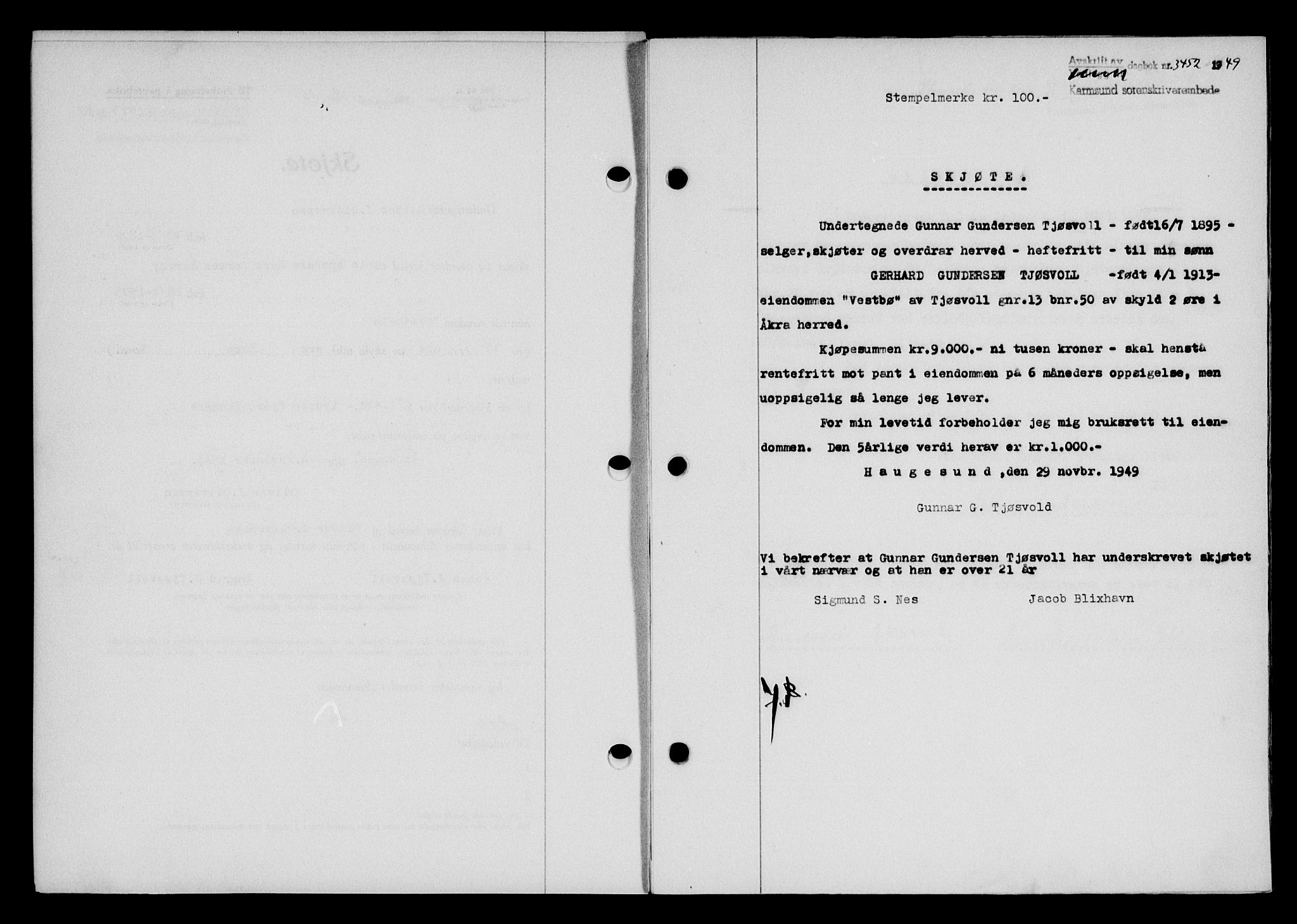 Karmsund sorenskriveri, SAST/A-100311/01/II/IIB/L0098: Mortgage book no. 78A, 1949-1950, Diary no: : 3452/1949