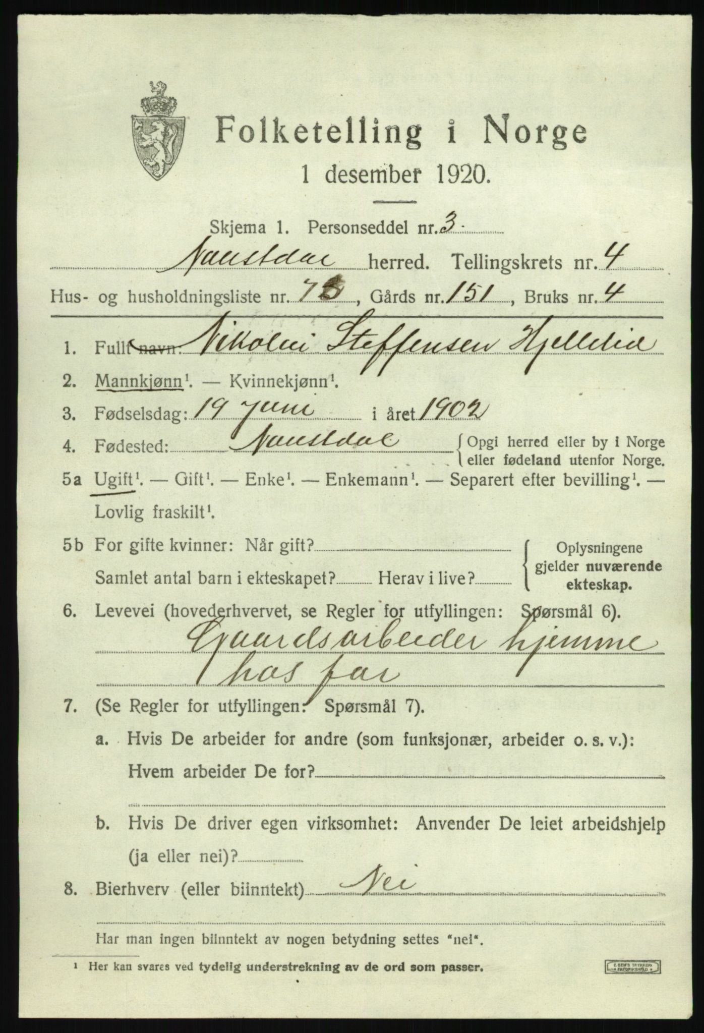 SAB, 1920 census for Naustdal, 1920, p. 3079