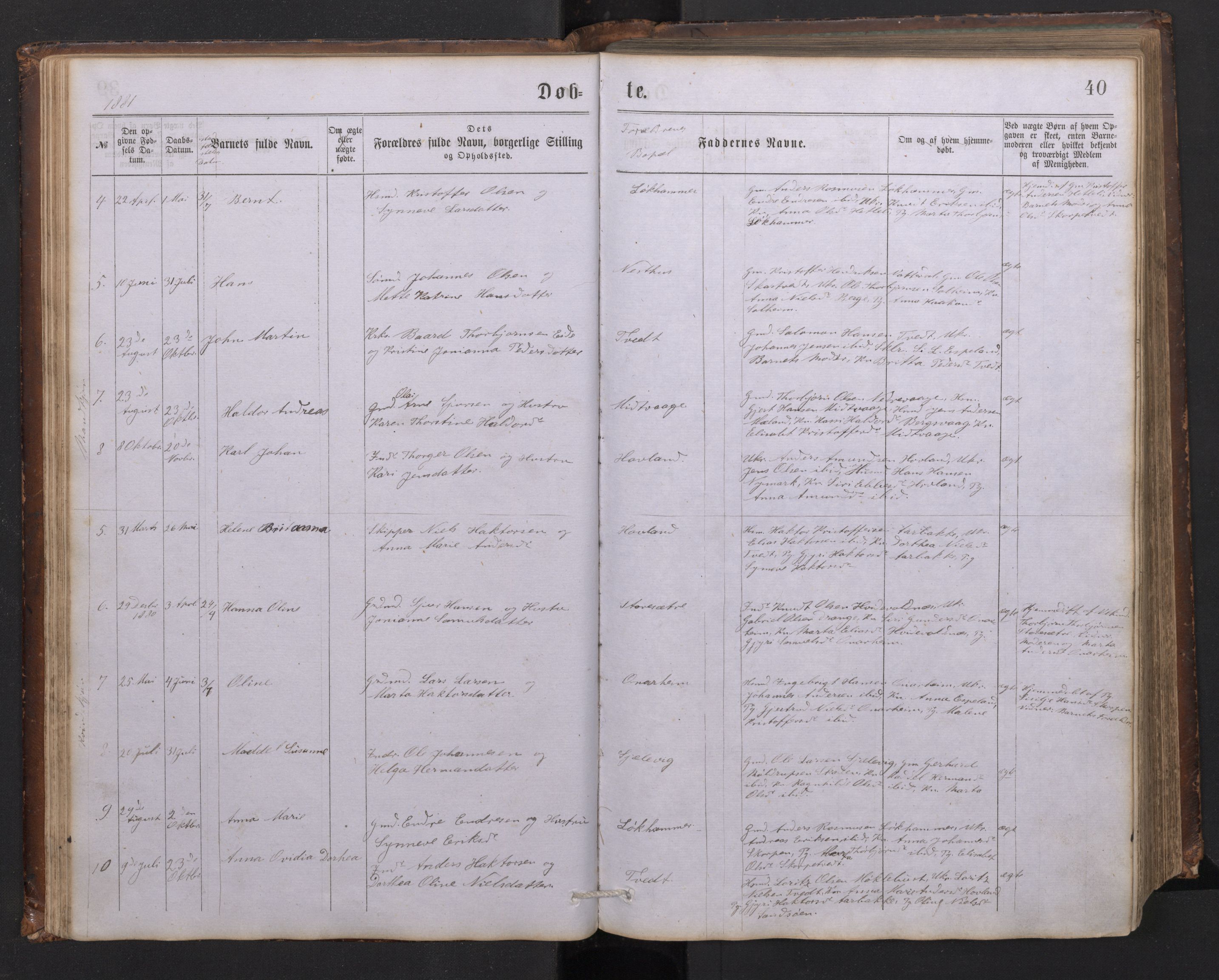 Tysnes sokneprestembete, SAB/A-78601/H/Hab: Parish register (copy) no. C 1, 1873-1895, p. 39b-40a
