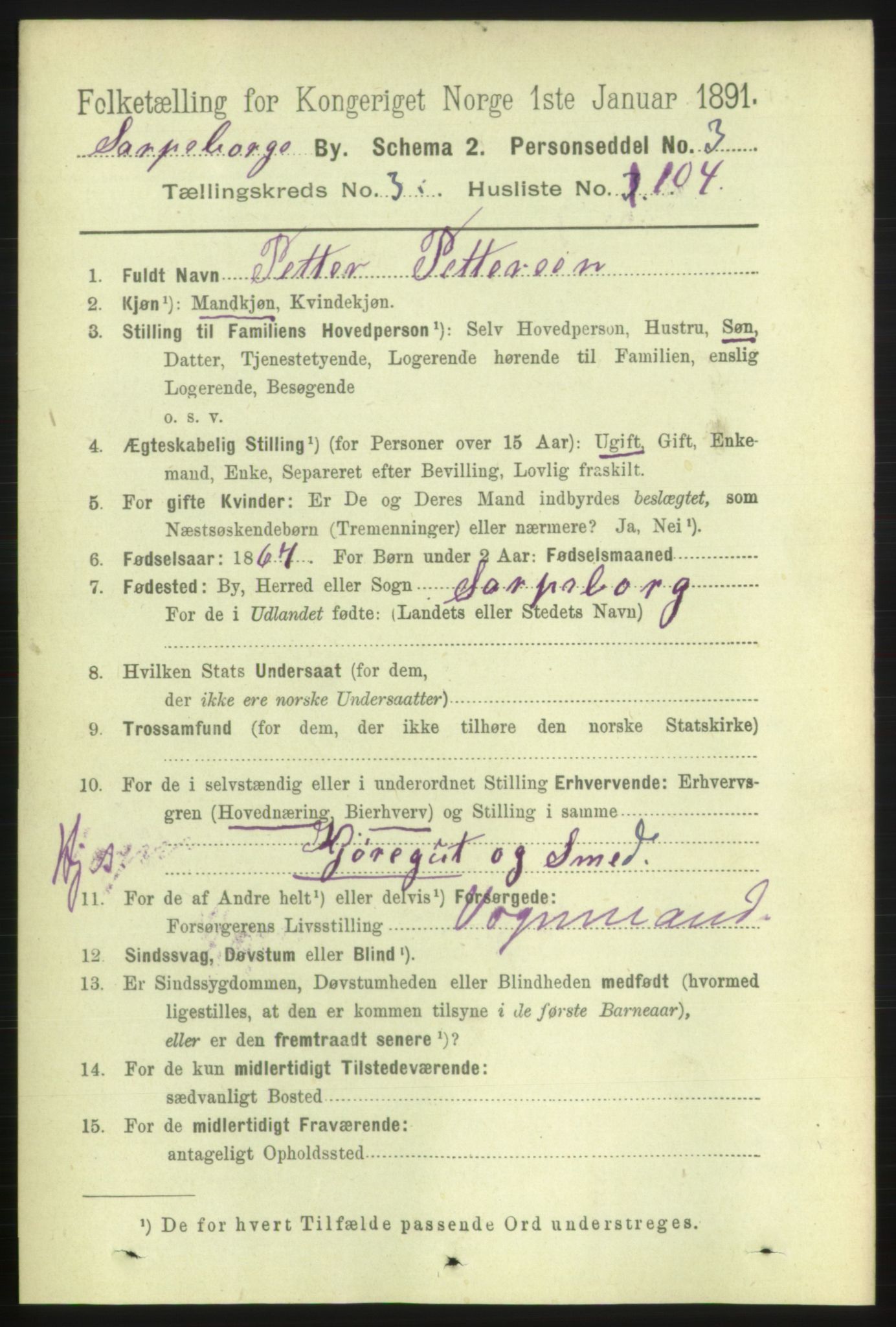 RA, 1891 census for 0102 Sarpsborg, 1891, p. 3465