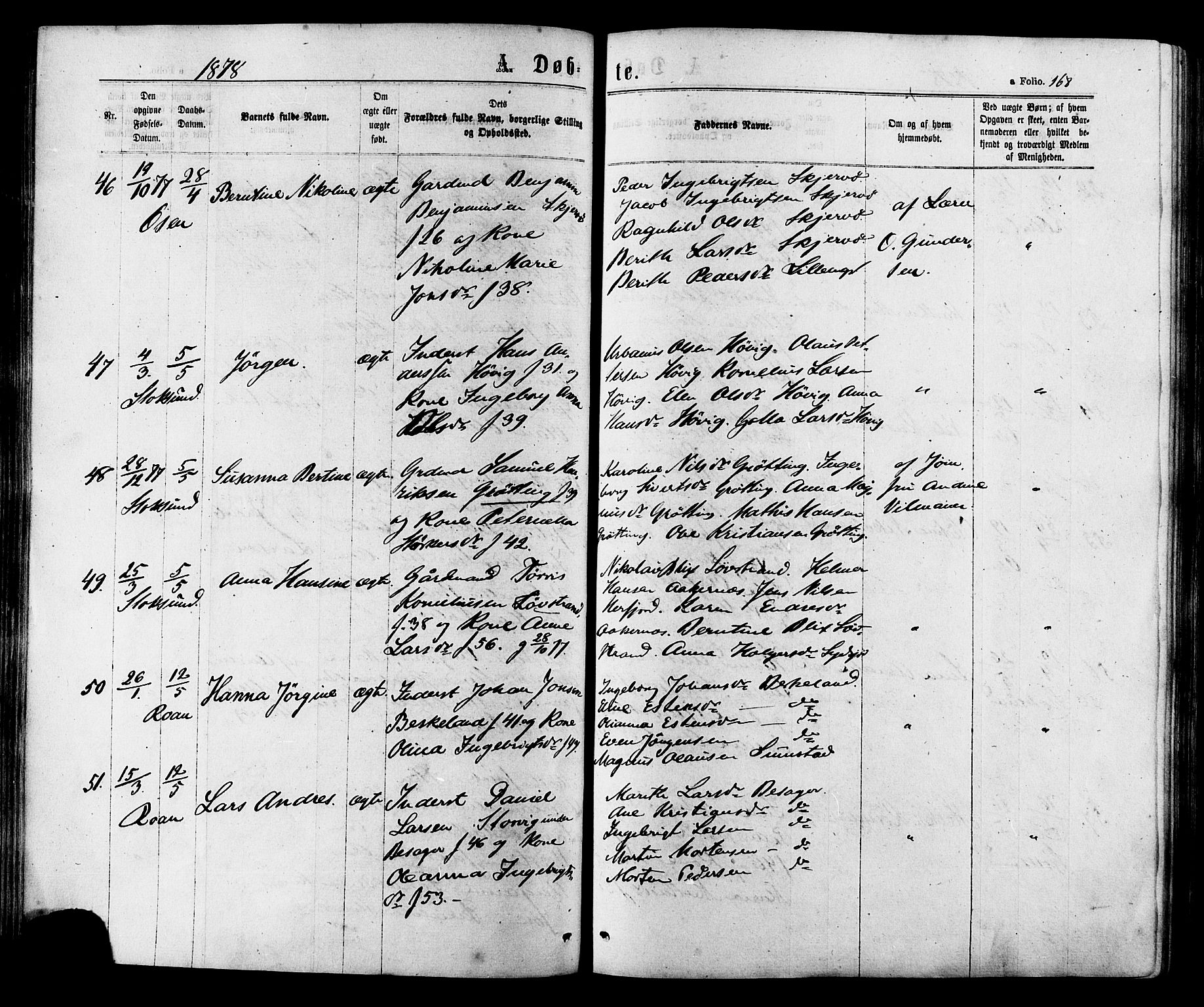 Ministerialprotokoller, klokkerbøker og fødselsregistre - Sør-Trøndelag, AV/SAT-A-1456/657/L0706: Parish register (official) no. 657A07, 1867-1878, p. 168