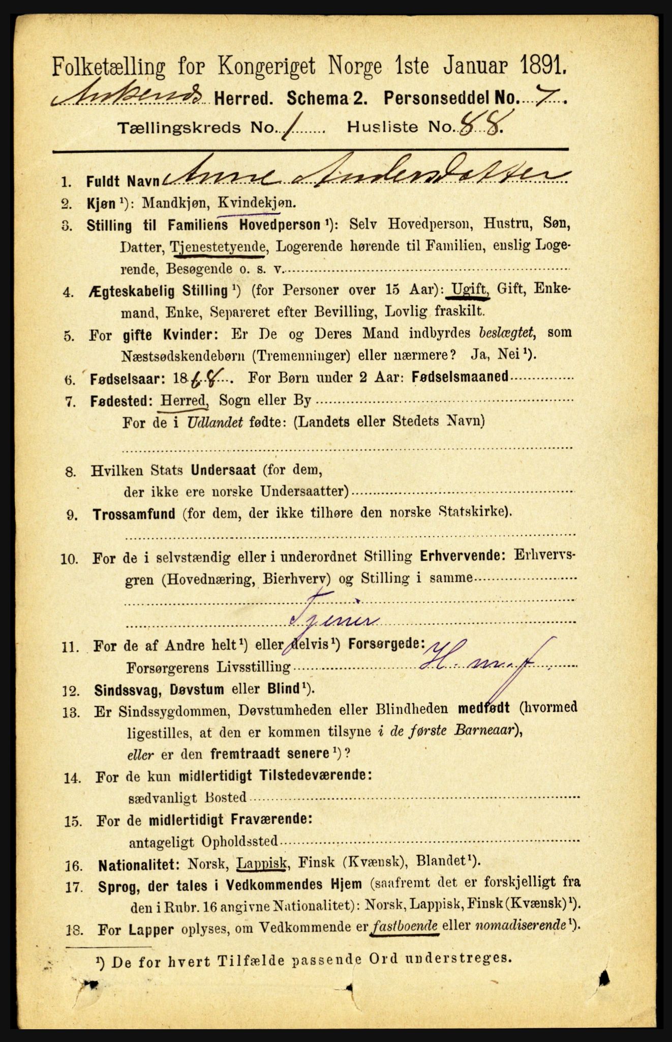 RA, 1891 census for 1855 Ankenes, 1891, p. 749