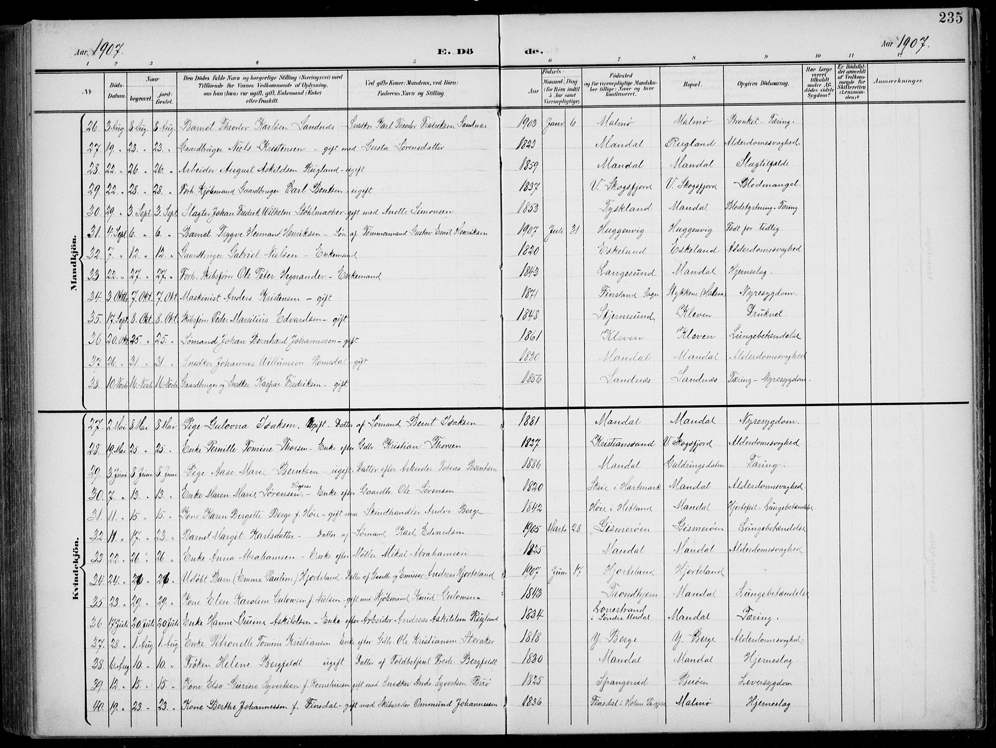 Mandal sokneprestkontor, AV/SAK-1111-0030/F/Fb/Fba/L0012: Parish register (copy) no. B 6, 1899-1918, p. 235