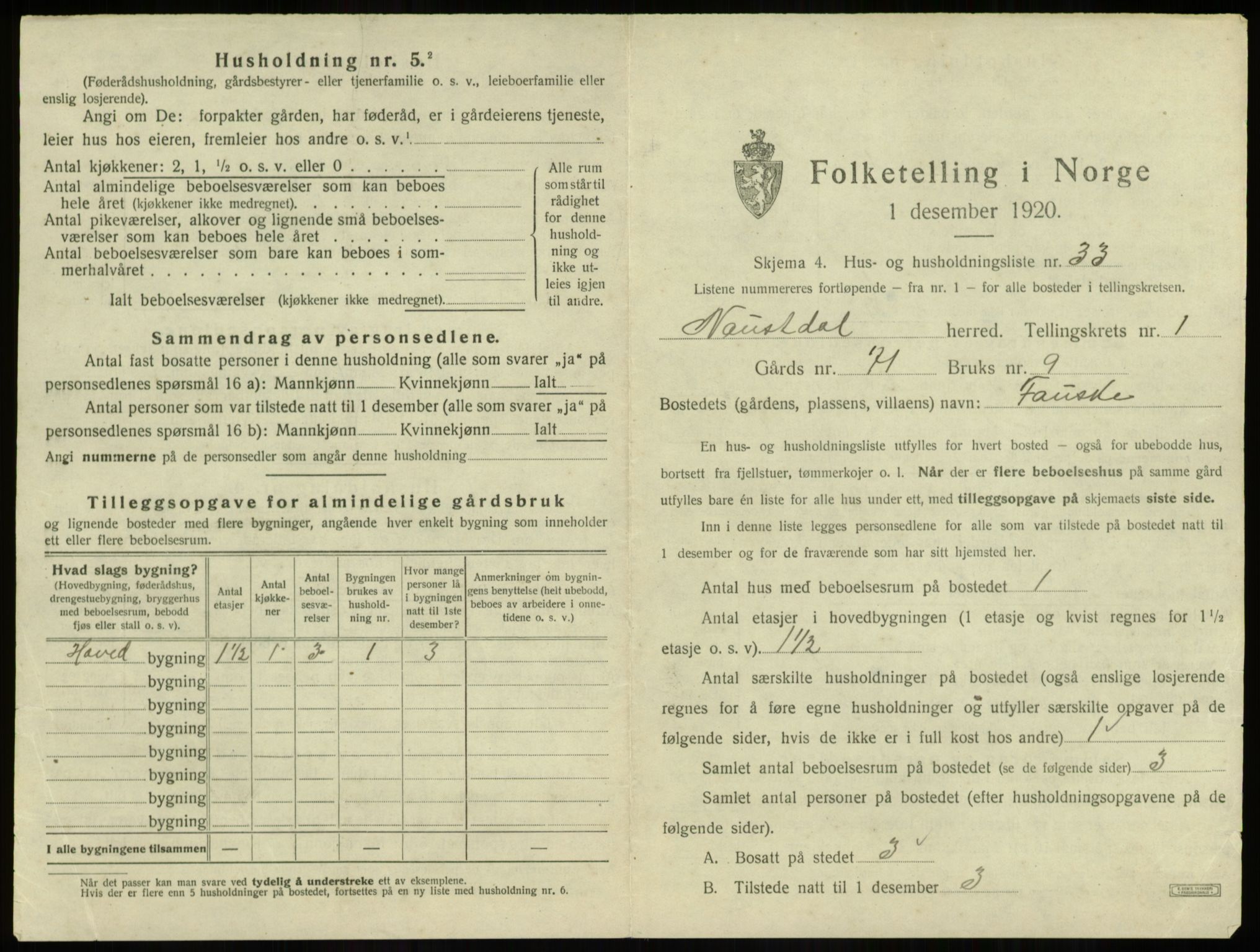 SAB, 1920 census for Naustdal, 1920, p. 67