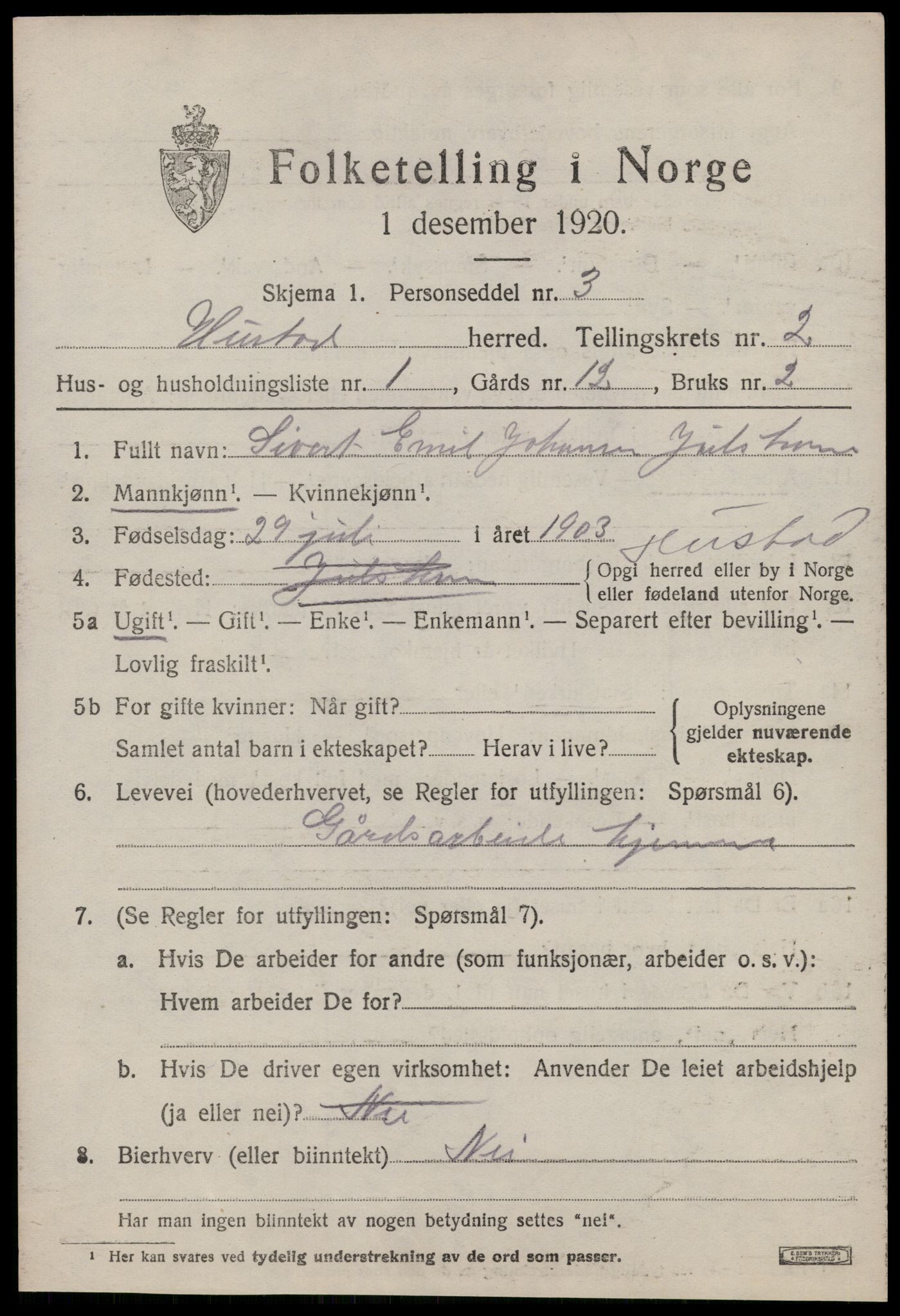 SAT, 1920 census for Hustad, 1920, p. 1523