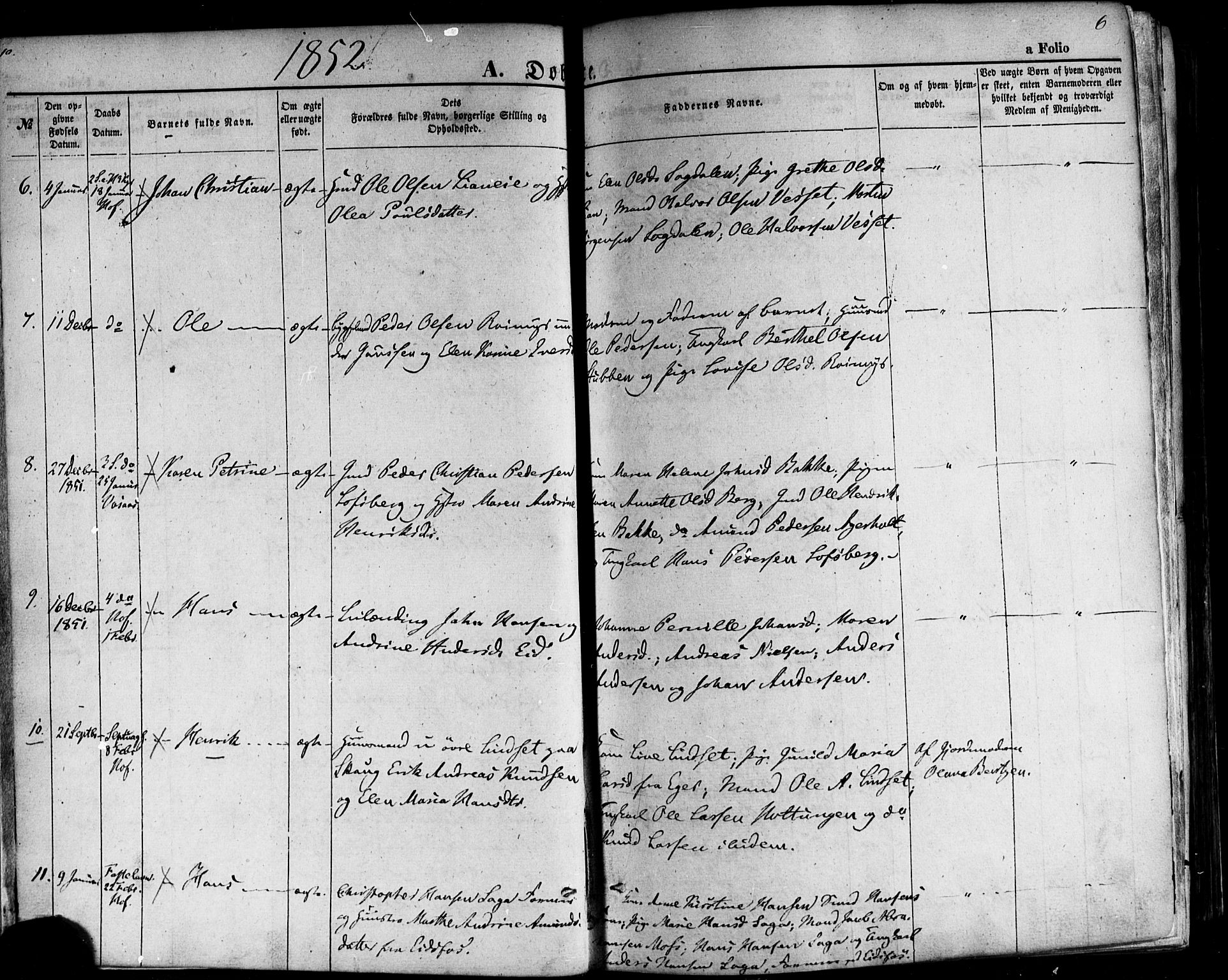 Hof kirkebøker, AV/SAKO-A-64/F/Fa/L0006: Parish register (official) no. I 6, 1851-1877, p. 6