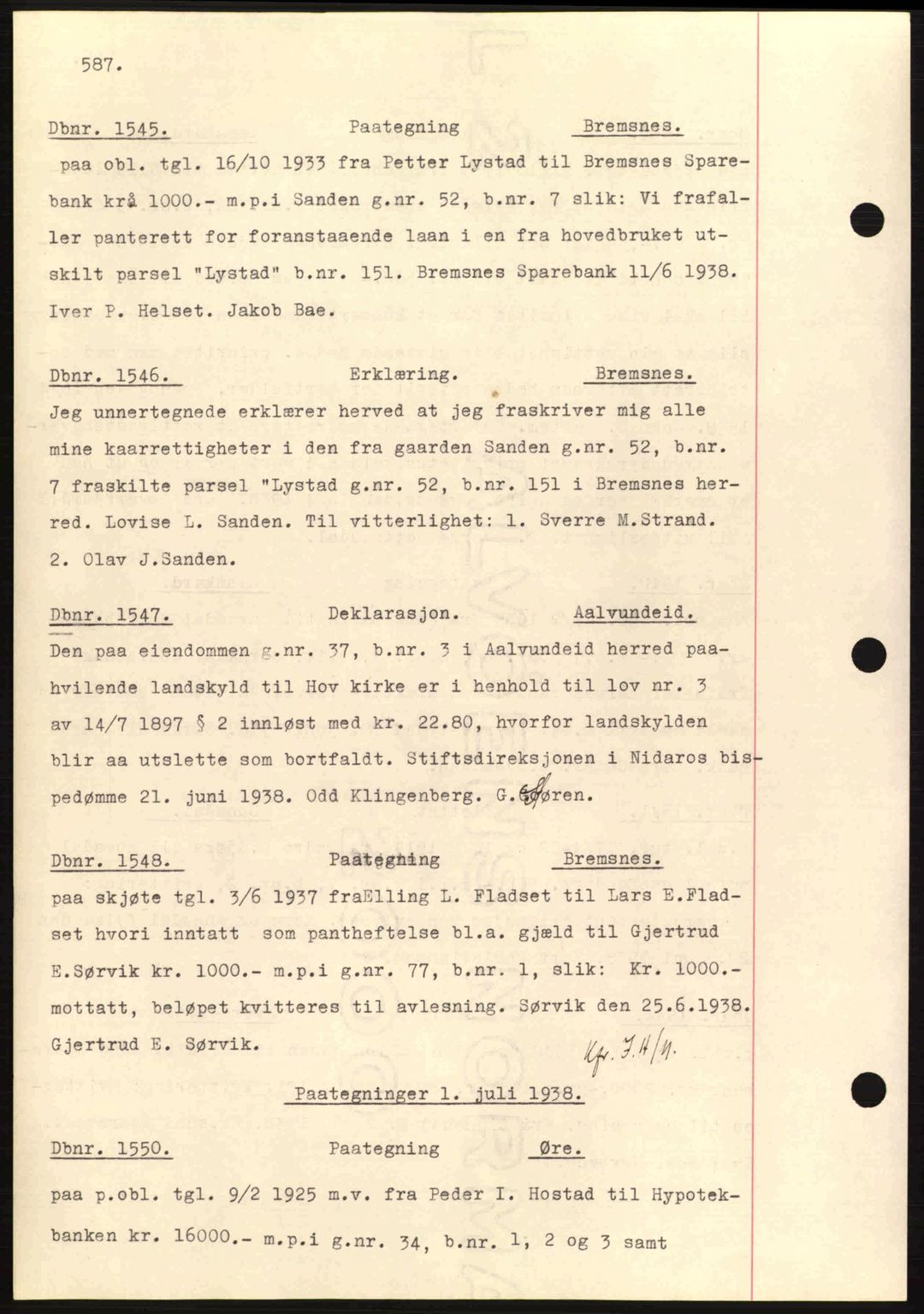 Nordmøre sorenskriveri, AV/SAT-A-4132/1/2/2Ca: Mortgage book no. C80, 1936-1939, Diary no: : 1545/1938