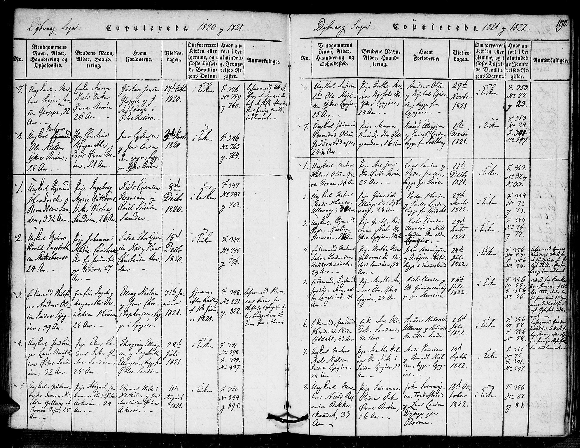 Dypvåg sokneprestkontor, AV/SAK-1111-0007/F/Fa/Faa/L0003: Parish register (official) no. A 3 /1, 1817-1824, p. 190