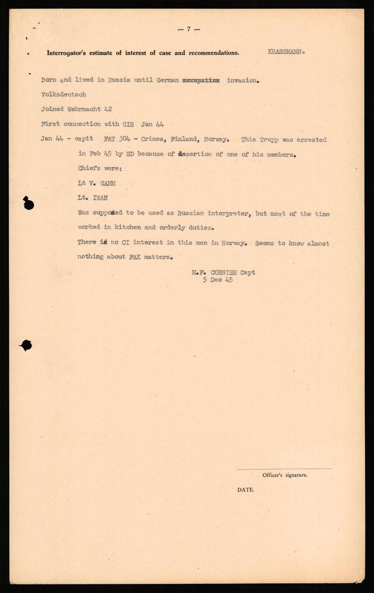 Forsvaret, Forsvarets overkommando II, AV/RA-RAFA-3915/D/Db/L0018: CI Questionaires. Tyske okkupasjonsstyrker i Norge. Tyskere., 1945-1946, p. 58